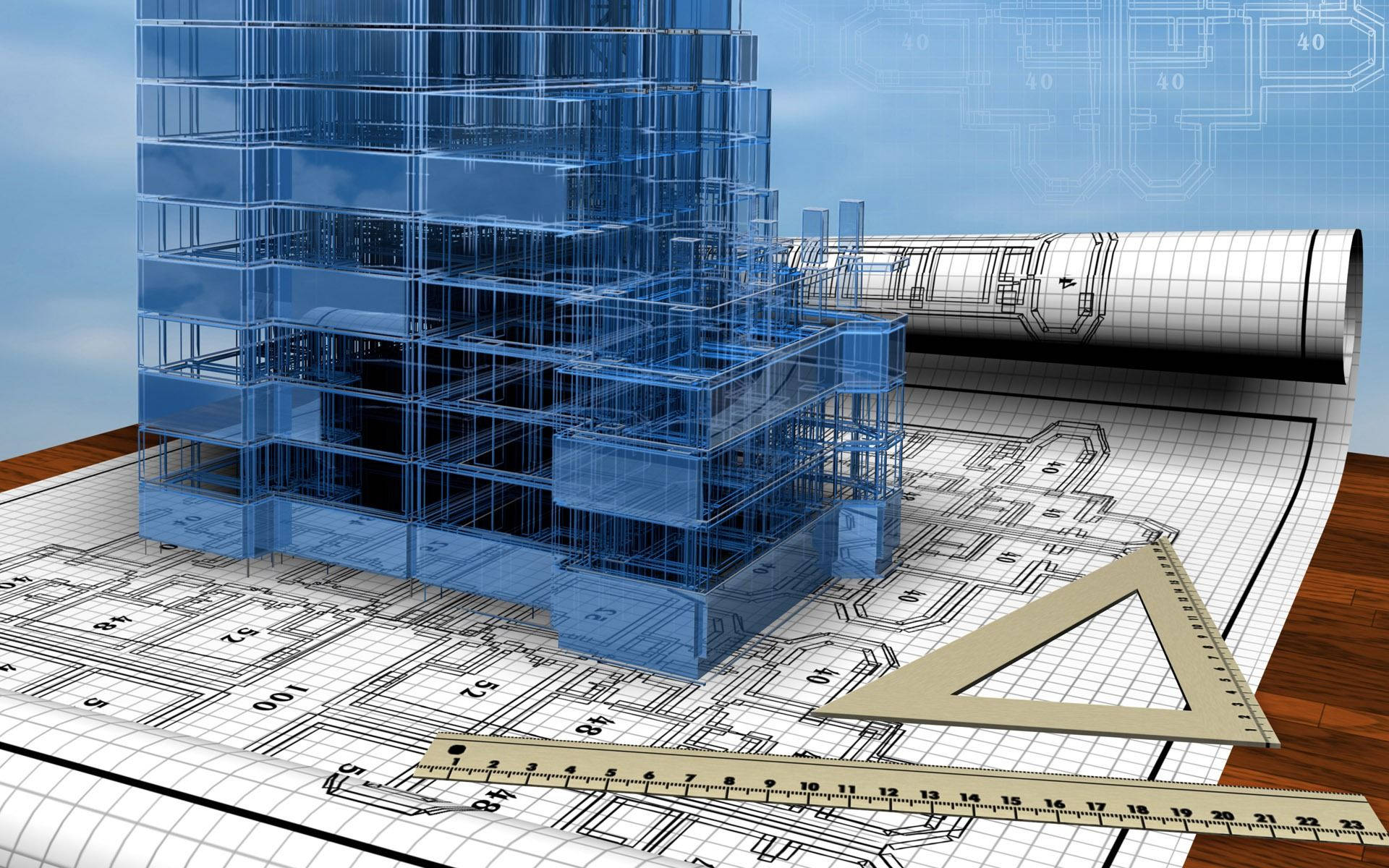 建築 桌布 壁紙 — 一個透明藍色的現代摩天大樓3D建築模型，立在詳細的藍圖和繪圖工具上面。