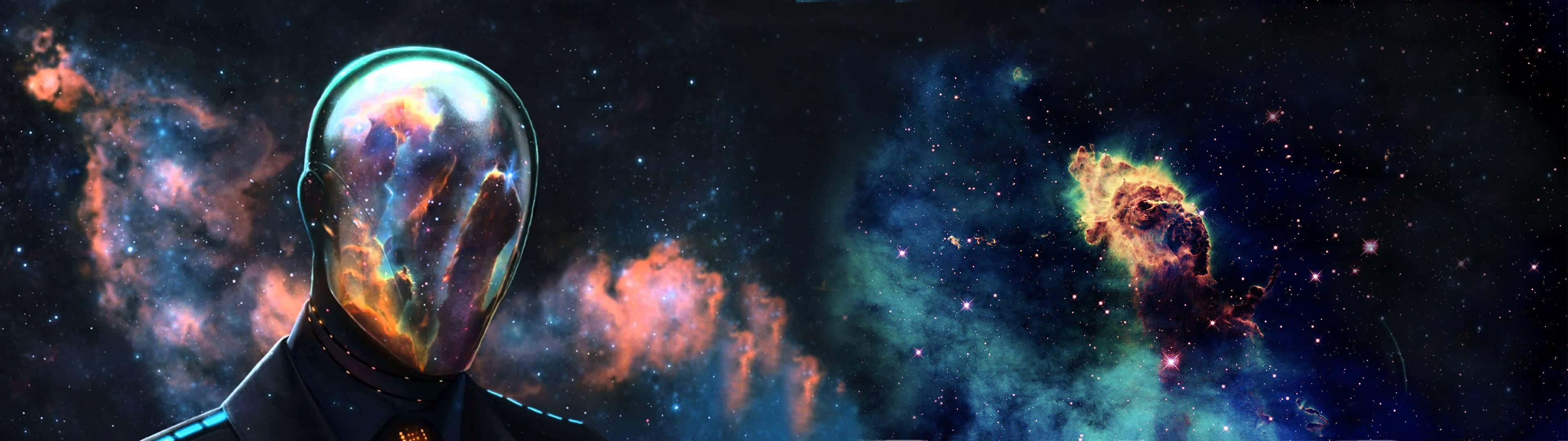 桌布 壁紙 — 一個透明頭部的人形人物，在繁星點點的太空背景下顯現出旋轉的宇宙星雲。