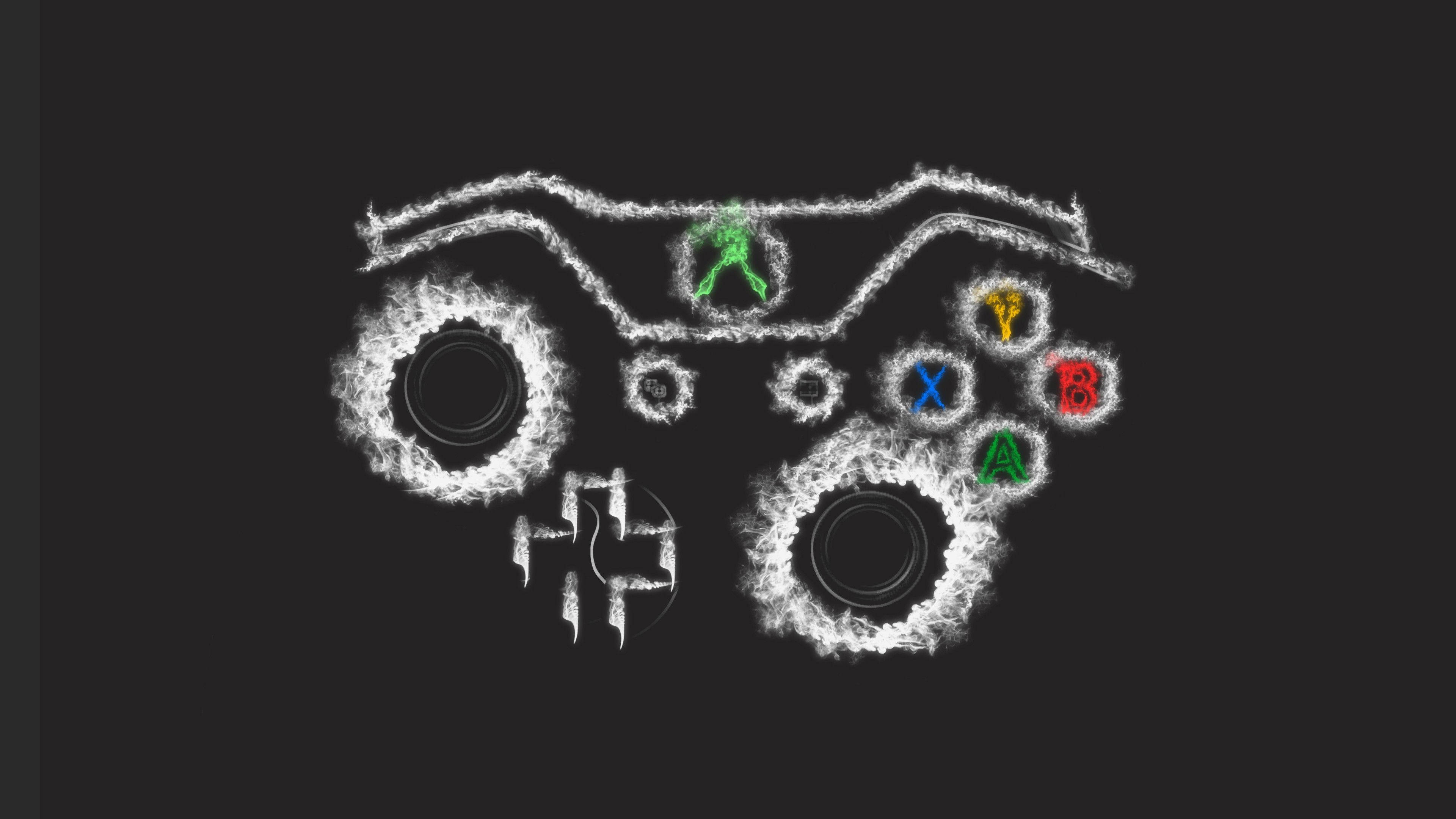 Xbox 桌布 壁紙 — 一個遊戲控制器以發光的白色煙霧繪製，帶有彩色按鈕，背景為深色。