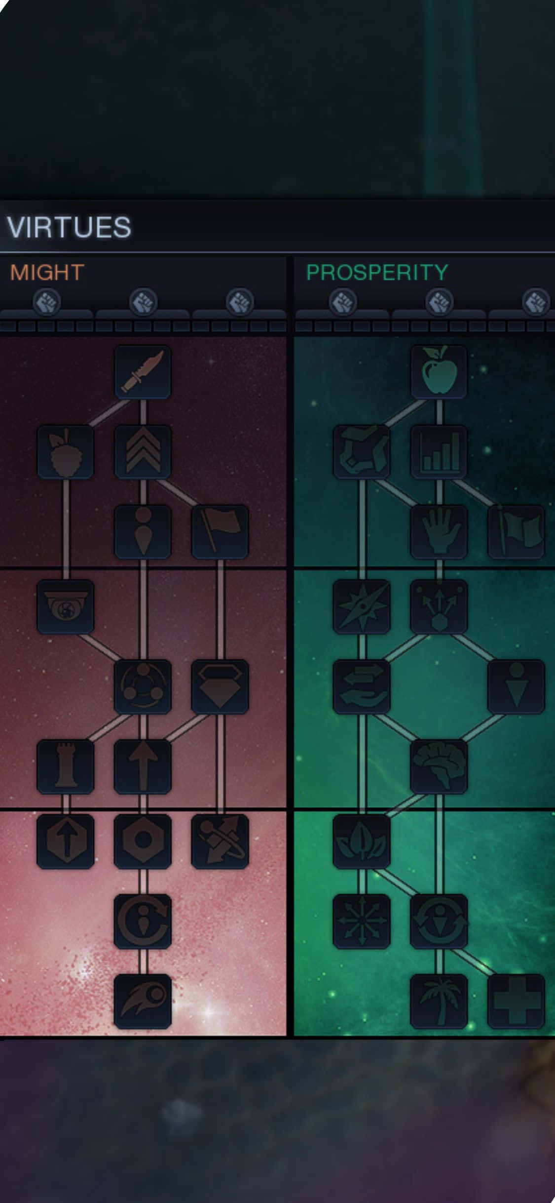 iPhone Xs Civilization Beyond Earth 桌布 壁紙 — 一個遊戲樹介面，顯示美德分為力量與繁榮路徑，帶有發光圖標，背景為宇宙風格。