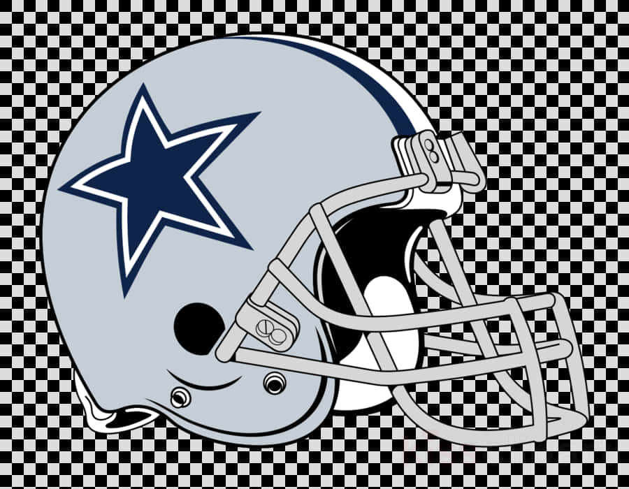 Cowboys Logo 桌布 壁紙 — 一個達拉斯牛仔隊的橄欖球頭盔，銀色外殼上有一顆藍色星星，背景是黑白格紋。