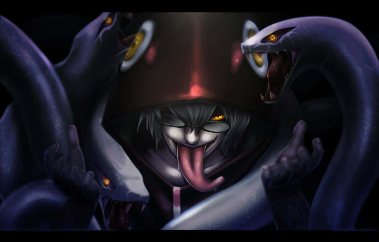Kabuto Yakushi 桌布 壁紙 — 一個邪惡的動漫角色，有著發光的黃色眼睛和伸出的舌頭，被帶有發光眼睛的深紫色蛇包圍。
