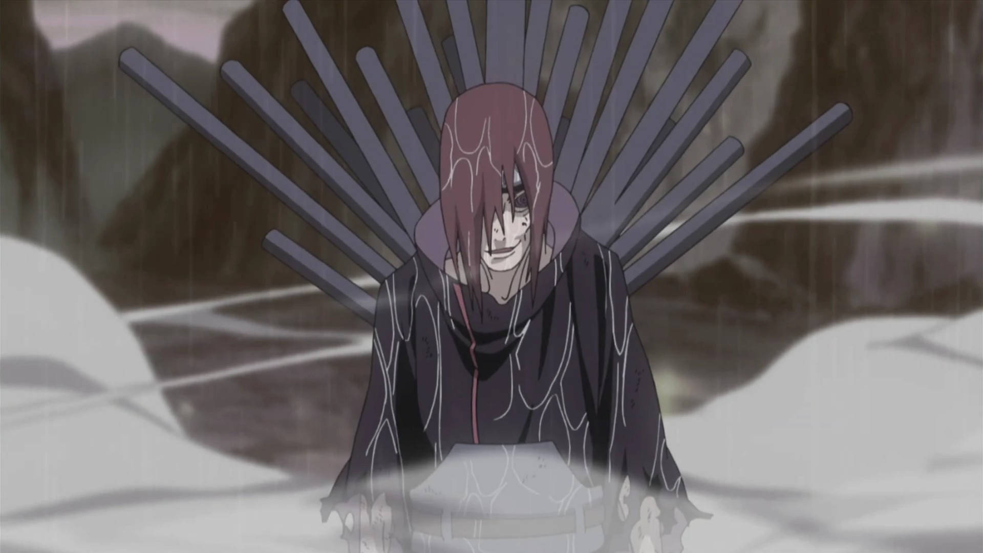 Nagato 桌布 壁紙 — 一個邪惡的動漫角色，紅髮披著黑色斗篷，站在雪地中，背後散發出尖銳的灰色尖刺。
