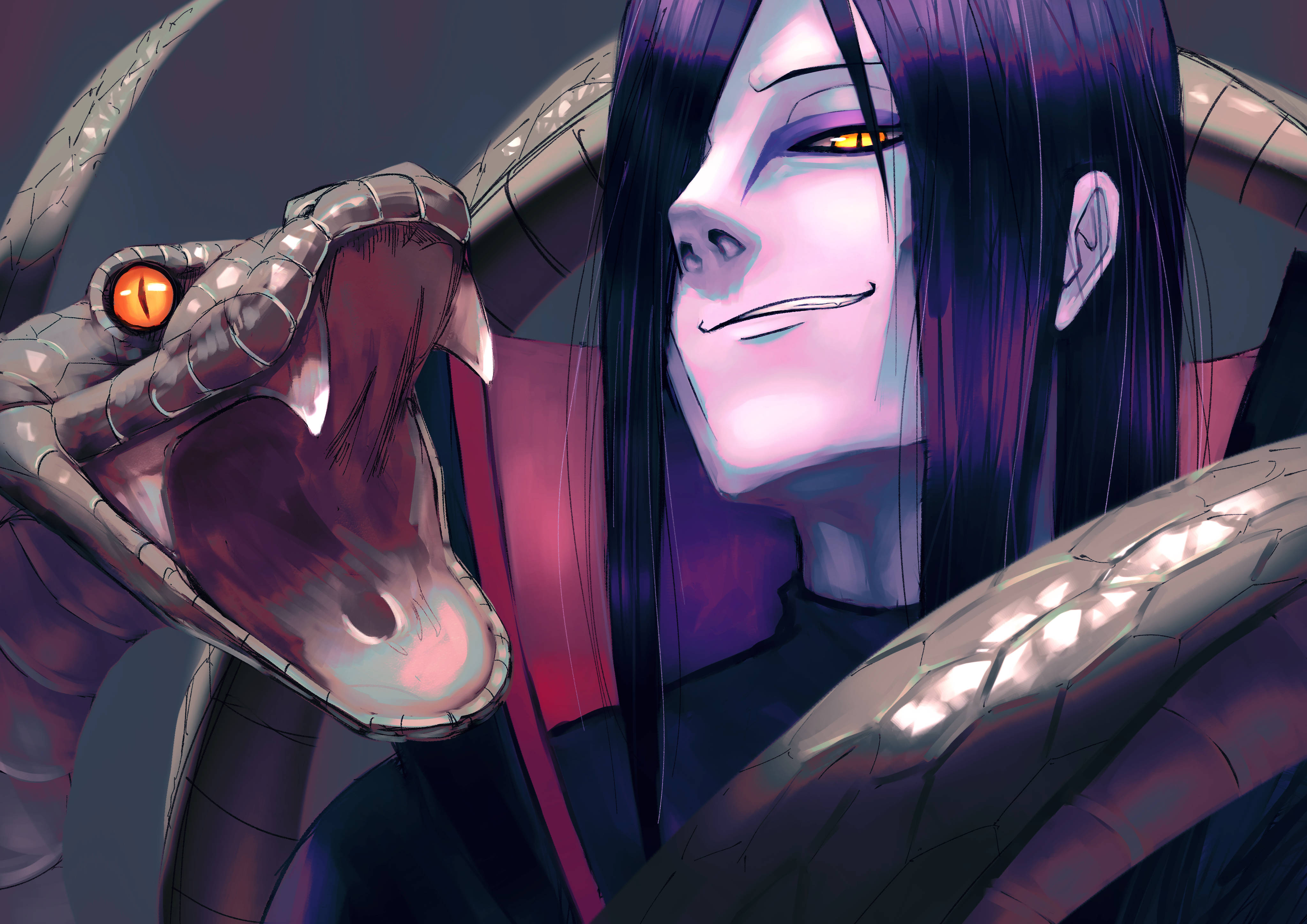 Orochimaru 桌布 壁紙 — 一個邪惡的動漫角色，紫色頭髮和黃色眼睛，微笑著被帶有發光橙色眼睛的威脅性蛇包圍。