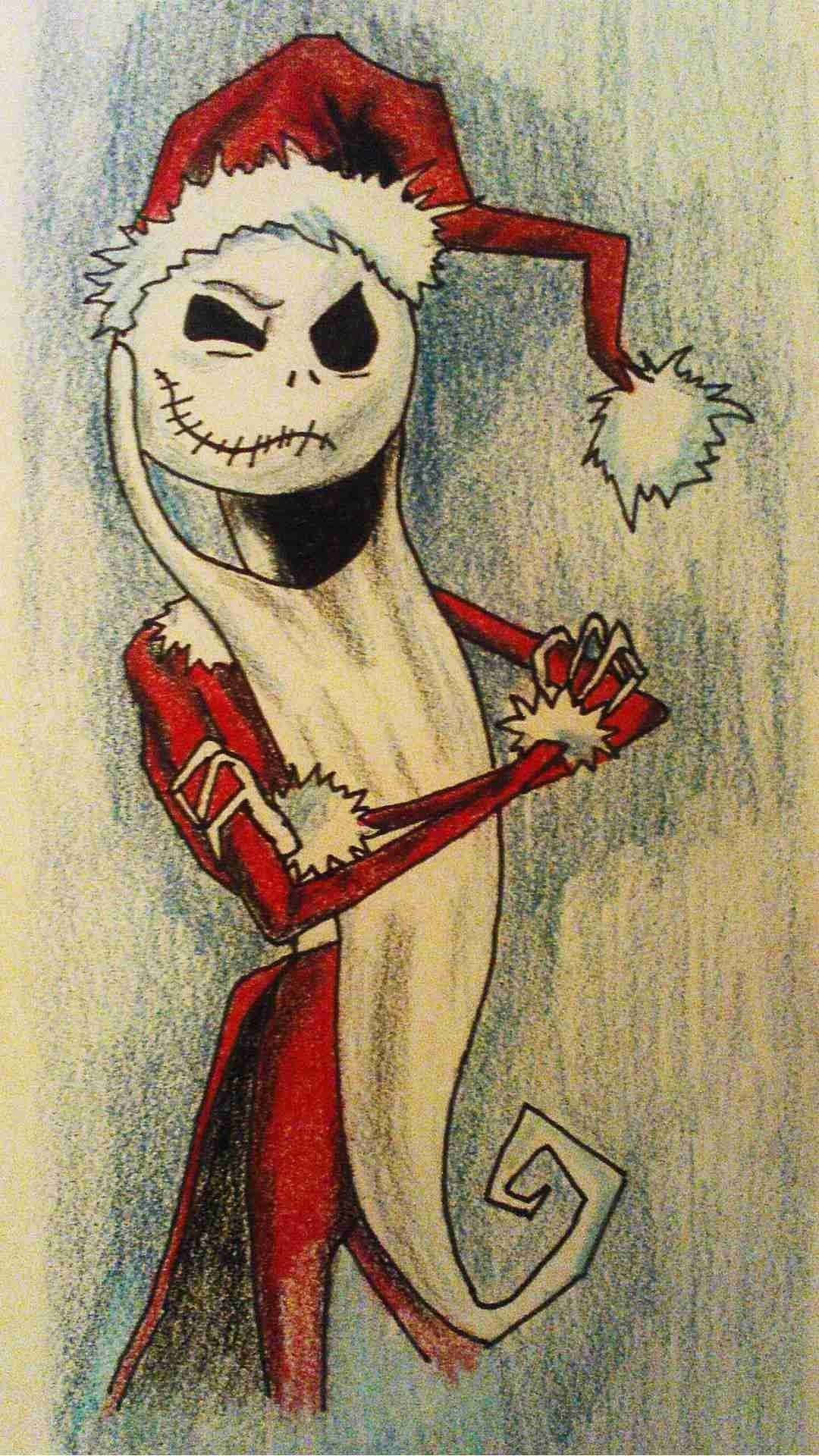 Nightmare Before Christmas Phone 桌布 壁紙 — 一個邪惡的卡通骷髏，戴著紅色聖誕帽，穿著紅色聖誕套裝，帶著頑皮的笑容拿著一份禮物。