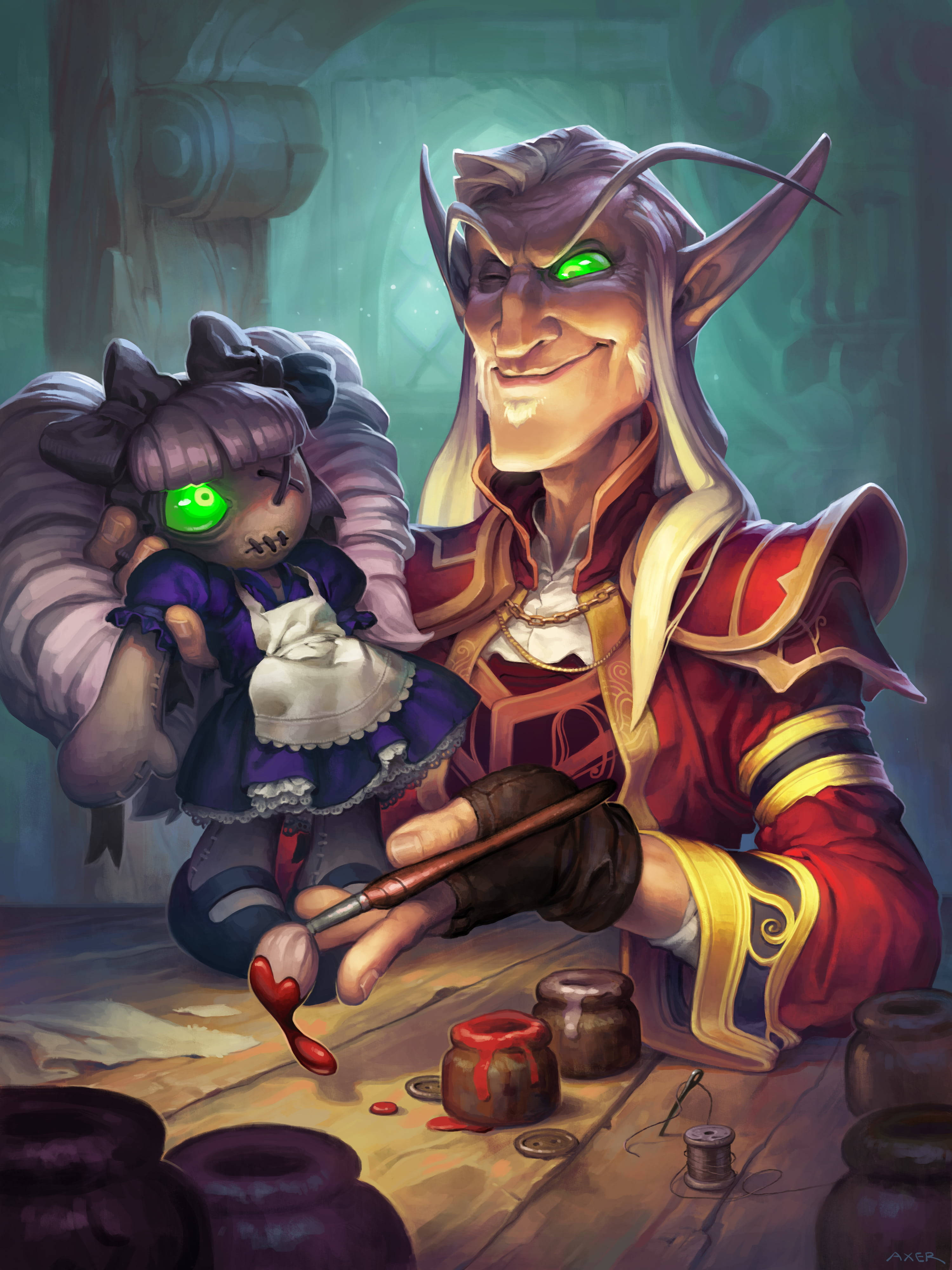 hearthstone phone 桌布 壁紙 — 一個邪惡的精靈，眼睛發出綠光，正在畫一個眼睛發光的娃娃，坐在一張雜亂的木桌旁。
