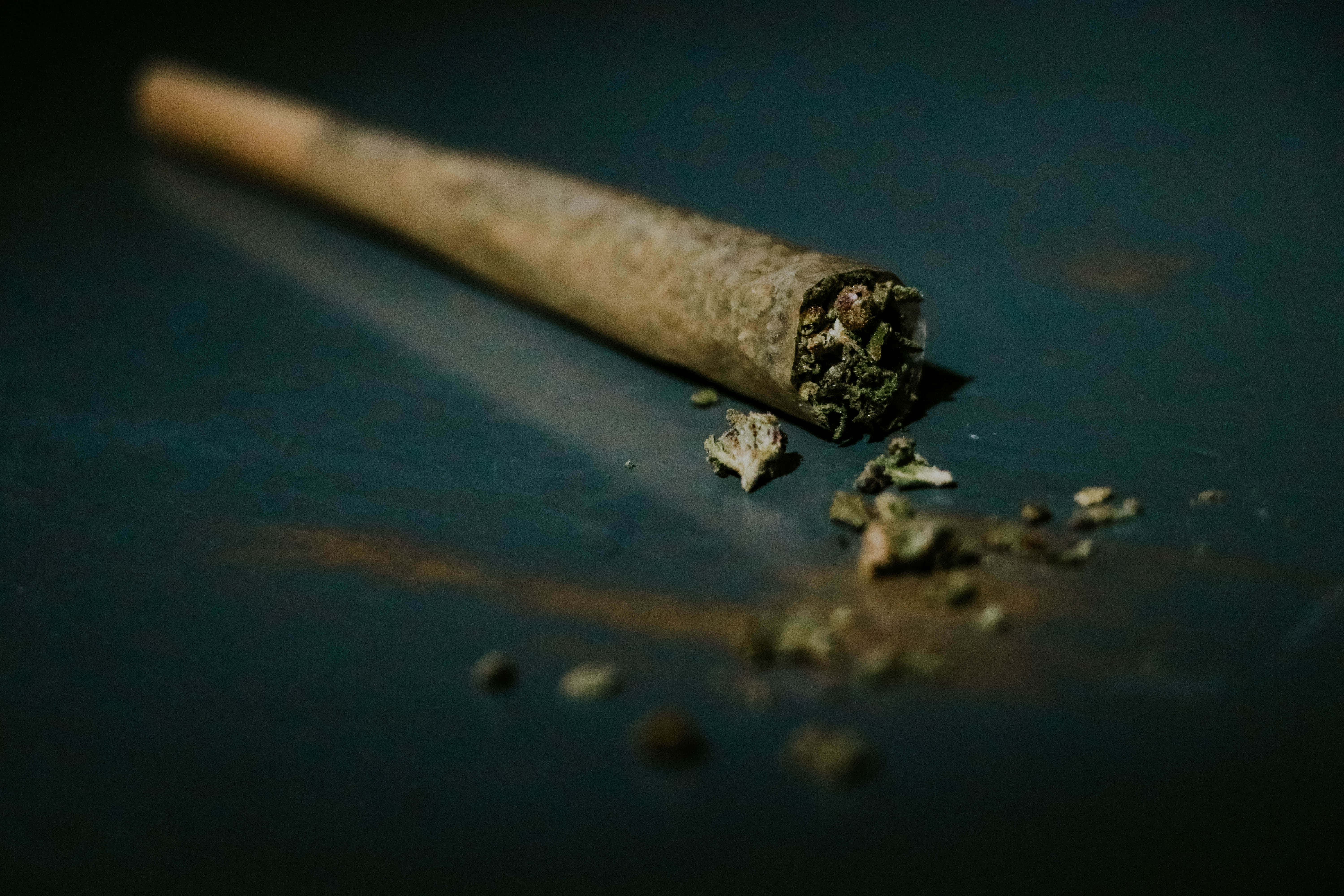 大麻 桌布 壁紙 — 一個部分吸食過的大麻煙捲特寫，放在深色表面上，周圍散落著綠色植物碎屑。
