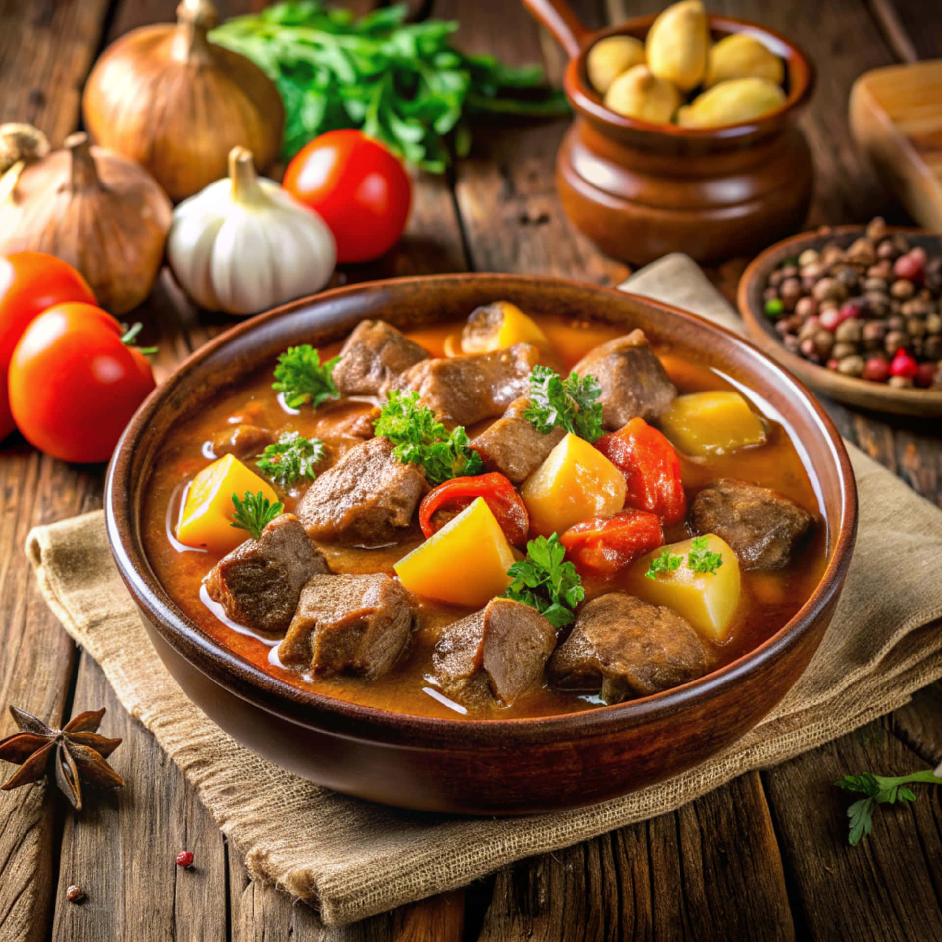 Country stew with meat 壁紙 — 一個鄉村風格的木碗，盛滿了豐富的燉牛肉，上面撒有歐芹，放在一個黃麻餐巾上，周圍是新鮮蔬菜和香料，放在一張風化的木桌上。