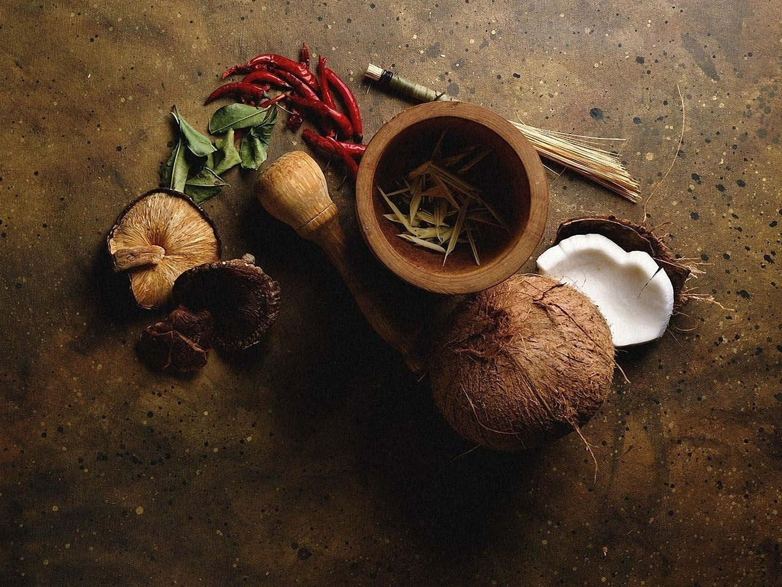 Food Photography 桌布 壁紙 — 一個鄉村風格的香料和食材靜物，包括紅辣椒、蘑菇、椰子和一個木臼，排列在帶紋理的棕色表面上。