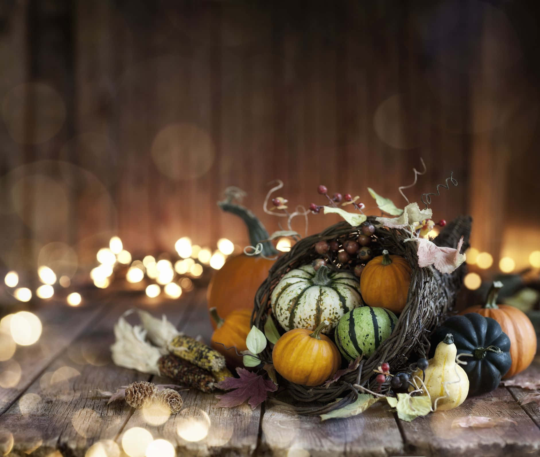 Pumpkin 桌布 壁紙 — 一個鄉村風的豐收角，裝滿了色彩繽紛的南瓜、葫蘆和秋葉，放在木桌上，背景是溫暖的仙女燈。