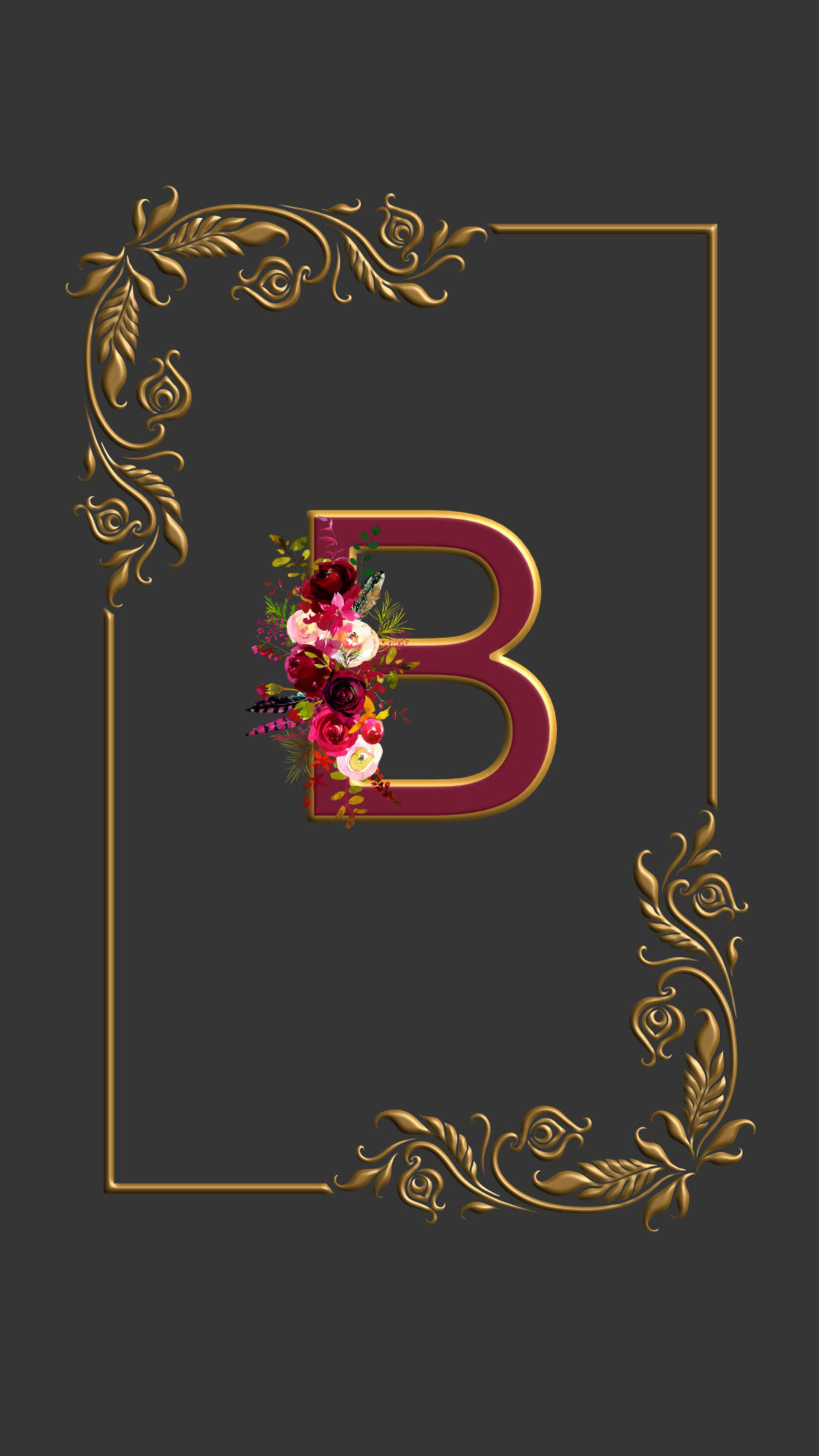 字母B 桌布 壁紙 — 一個酒紅色的字母B，飾以色彩繽紛的花朵，位於華麗的金色框架內，背景為深灰色。