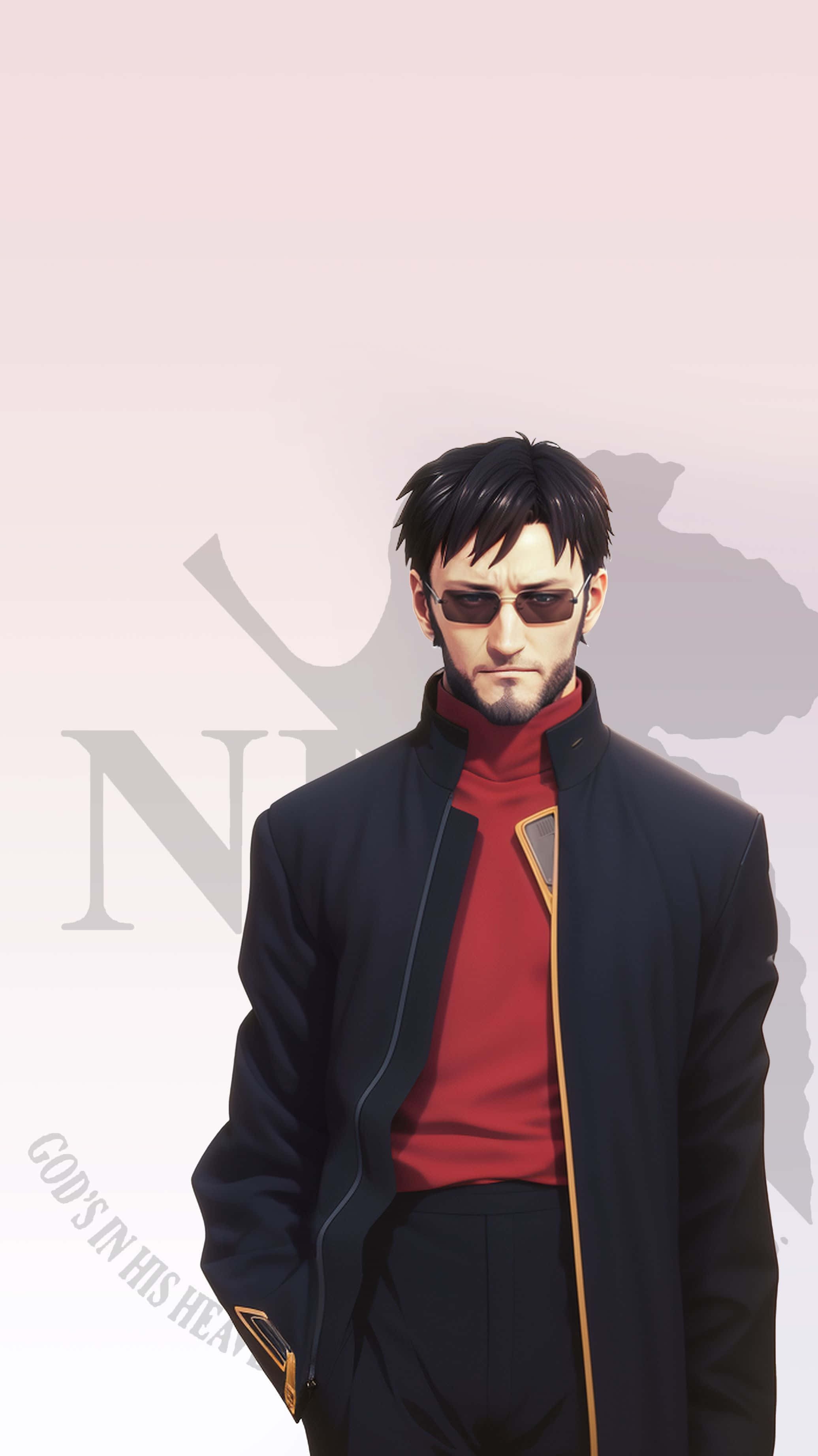 Gendo Ikari 桌布 壁紙 — 一個酷炫的動漫男人穿著黑色外套和紅色高領毛衣，自信地站在柔和的粉紅色背景前，背景有模糊文字和地圖輪廓。
