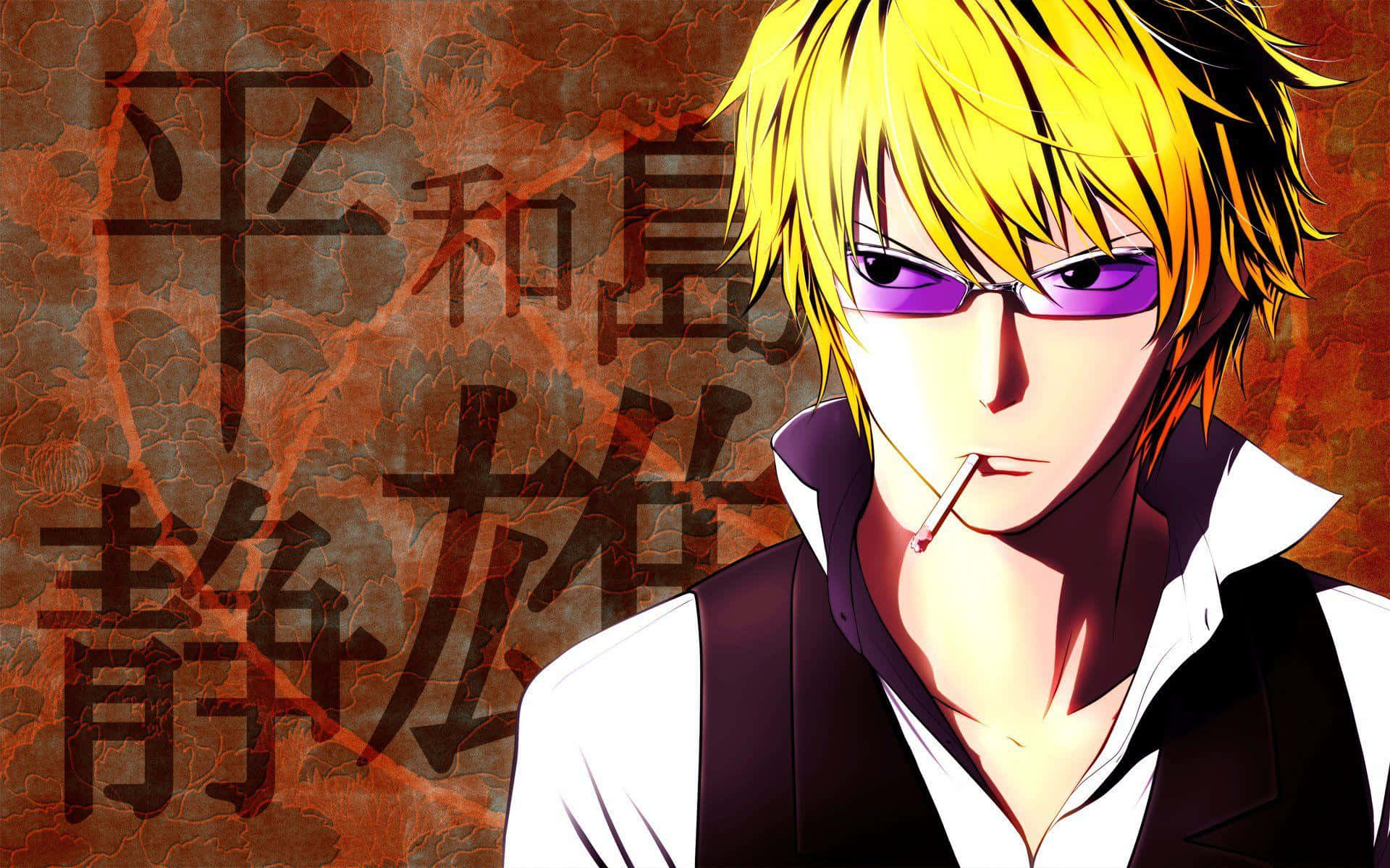 Shizuo Heiwajima 桌布 壁紙 — 一個酷炫的動漫角色，擁有尖刺金髮和紫色眼鏡，在裂紋橙色背景和日本漢字前抽煙。