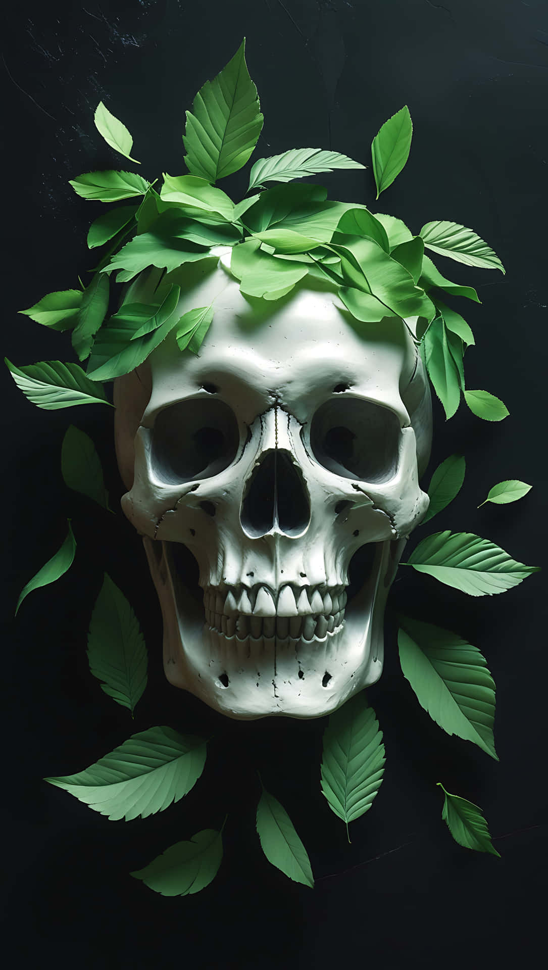 Enigmatic Skull with Floating Leaves and Dark Elegance. smartphone wallpaper 壁紙 — 一個醒目的白色人類頭骨，飾以鮮綠色葉子，襯托在深黑色背景上。