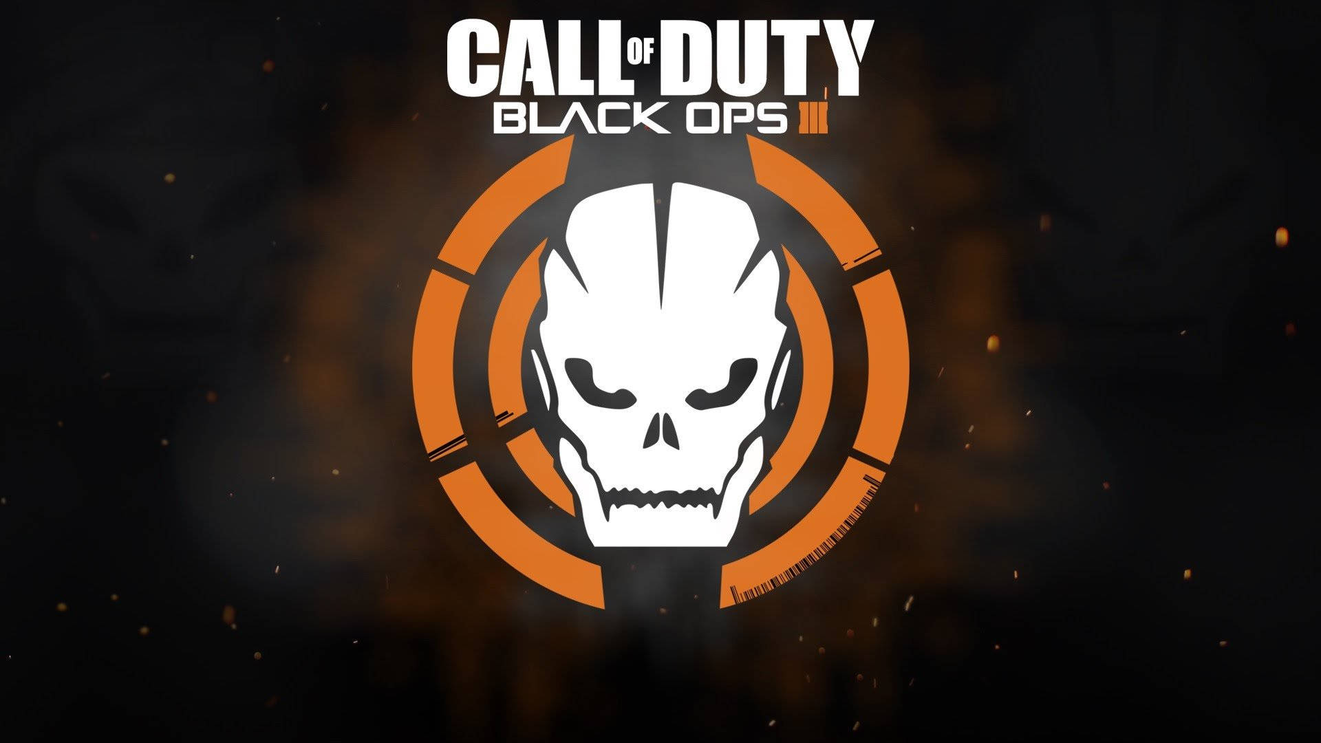 Call Of Duty Black Ops 3 桌布 壁紙 — 一個醒目的白色骷髏頭，帶有發光的眼睛，位於橙色瞄準準星中央，背景為煙霧瀰漫的黑暗環境，並有漂浮的火星。