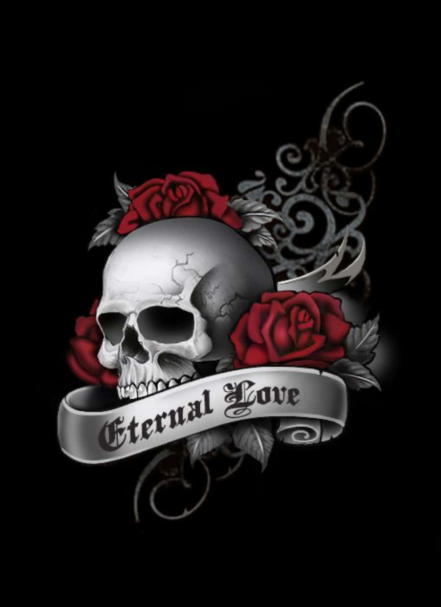 skulls 桌布 壁紙 — 一個醒目的頭骨，飾以鮮豔的紅玫瑰和華麗的漩渦圖案，在黑色背景上舉著寫有「永恆的愛」的橫幅。