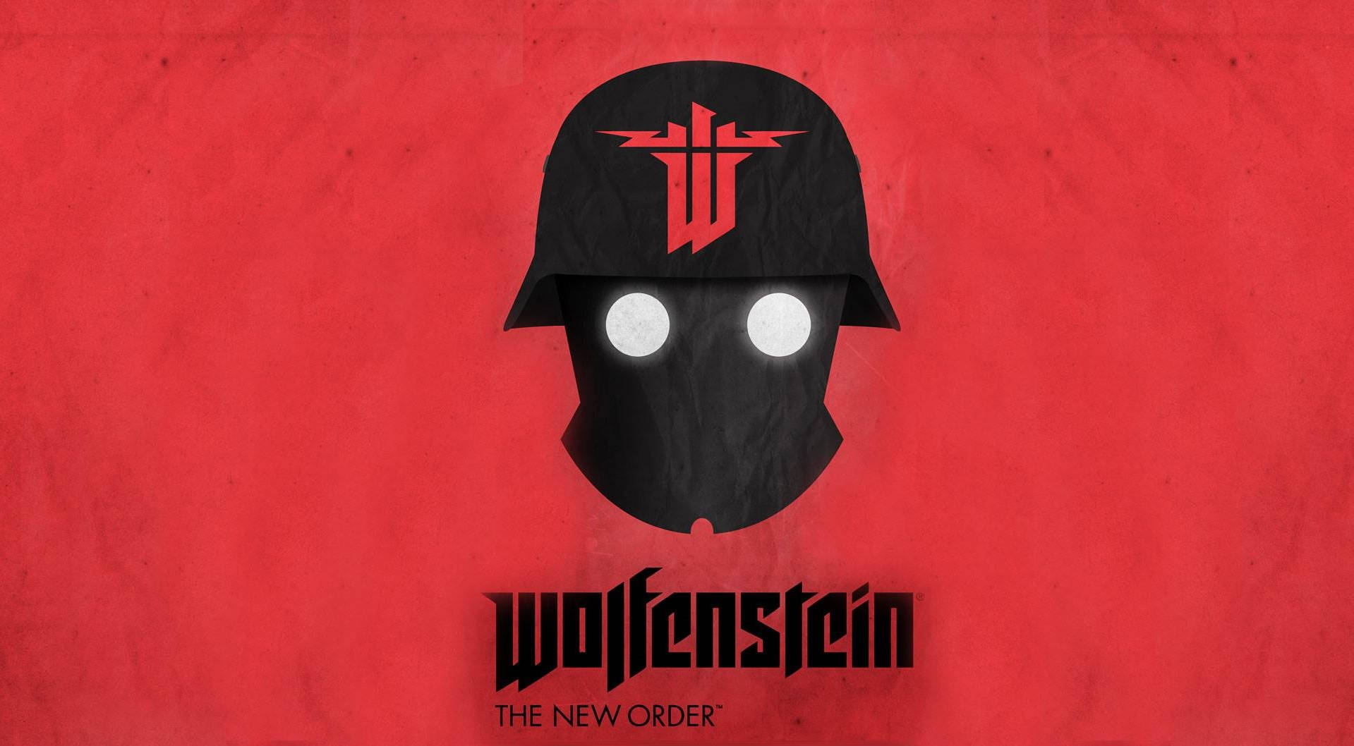 Wolfenstein 桌布 壁紙 — 一個醒目的黑色頭盔，帶有發光的白色眼睛和紅色徽章，立於帶紋理的深紅色背景上，下方有遊戲標題文字。