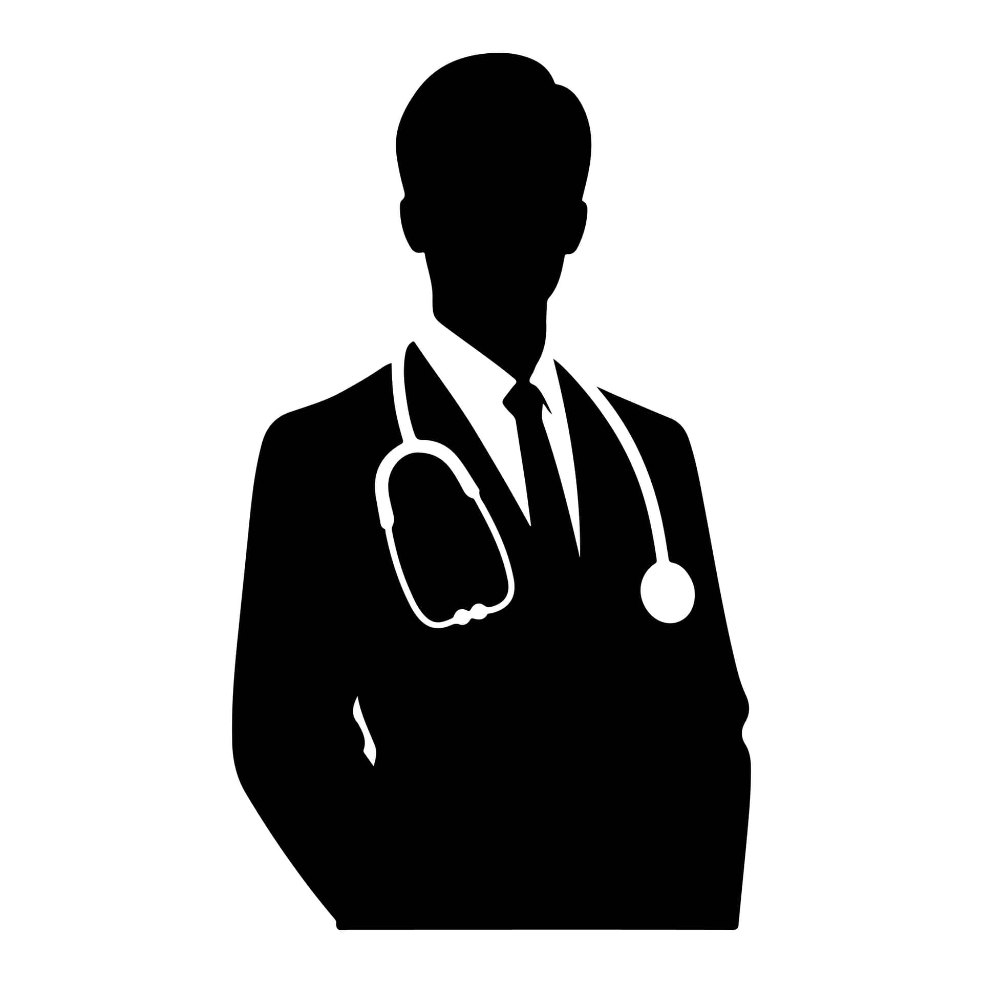 Professional doctor silhouette wearing a stethoscope, representing medical care, healthcare, medicin 壁紙 — 一個醫生戴著聽診器的清晰黑色剪影，背景為白色。