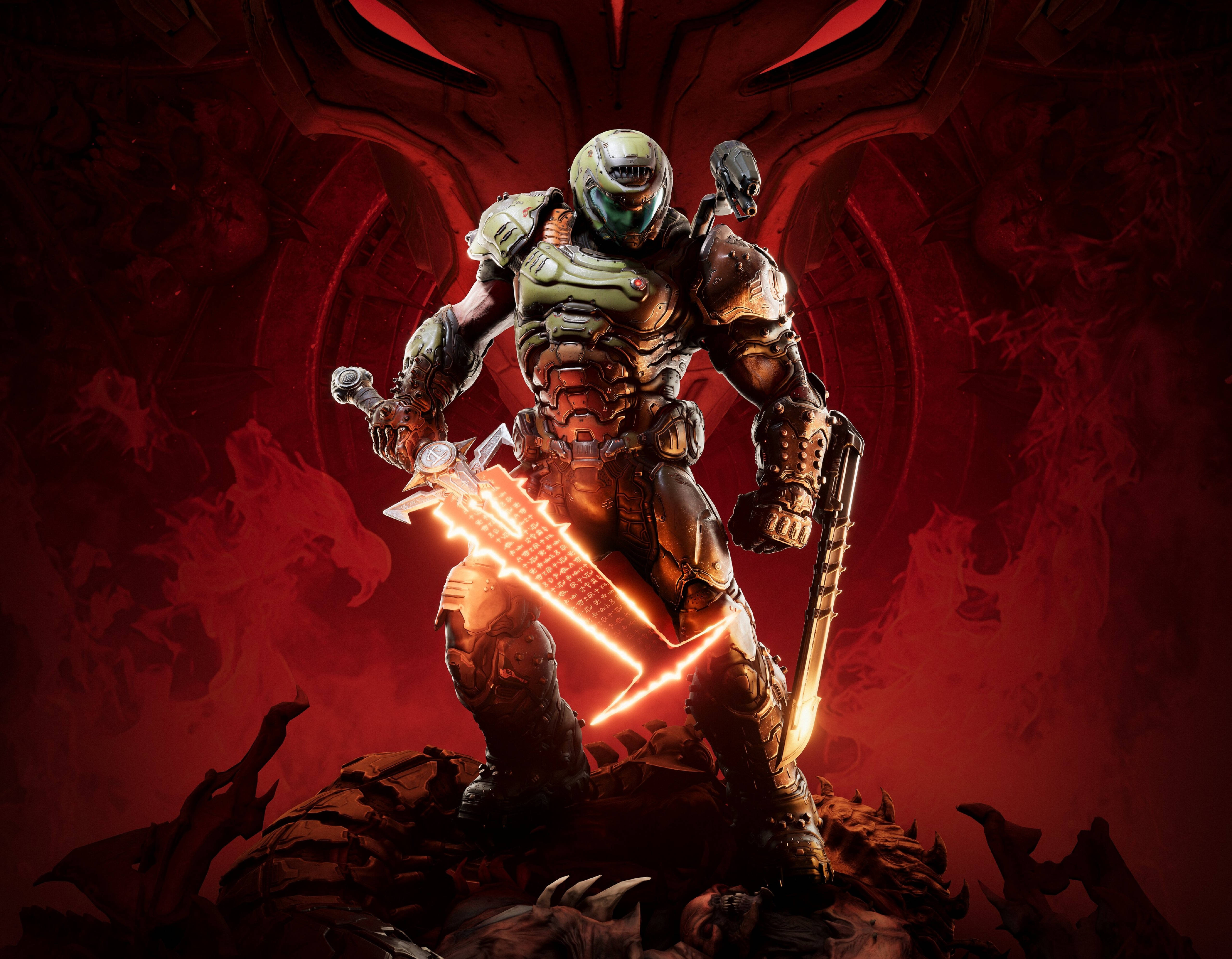 Doomguy 桌布 壁紙 — 一個重甲戰士挑釁地站在骷髏王座上，揮舞著發光的劍，背景是惡魔般的紅色。