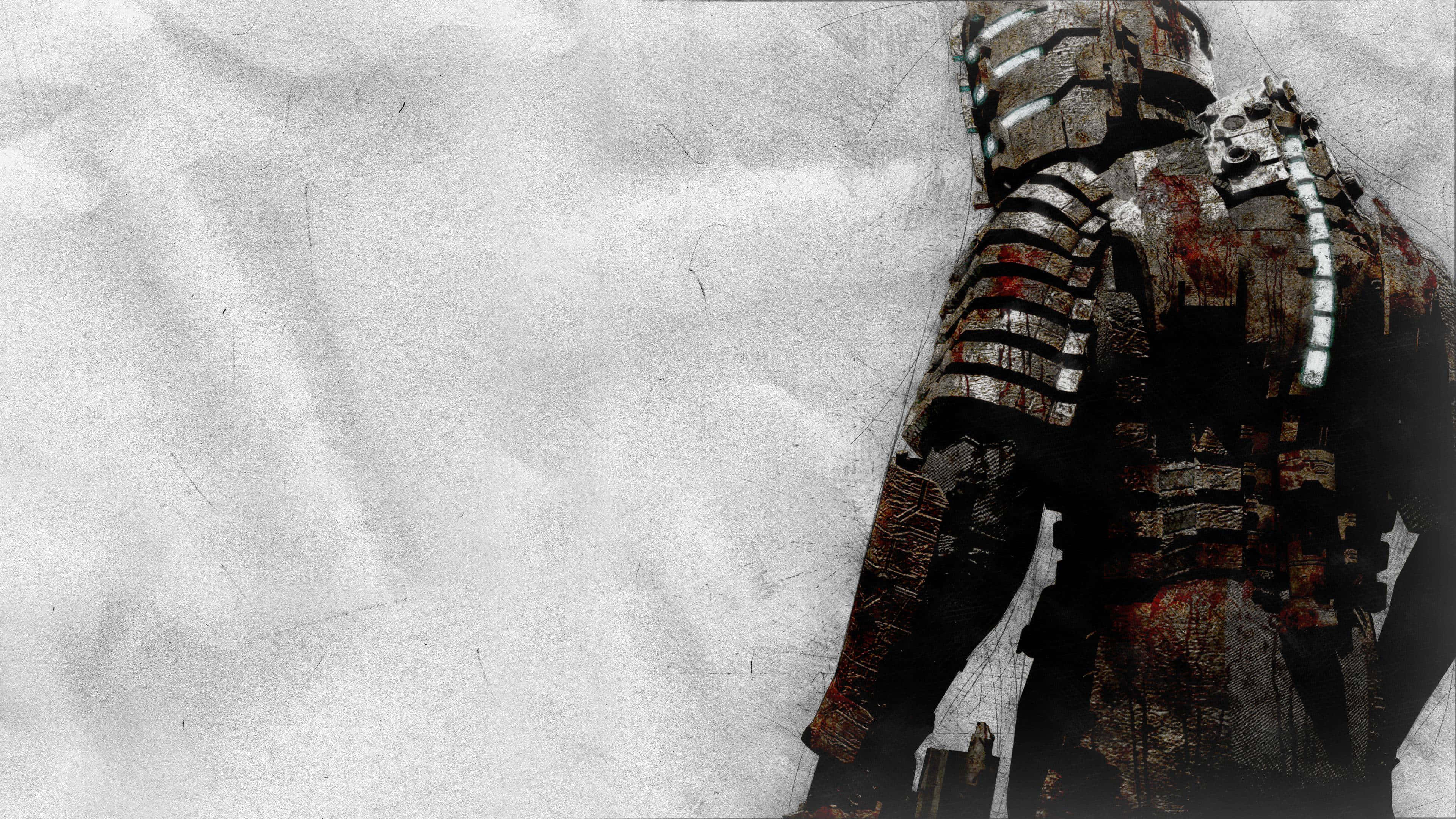 Dead Space 4K 桌布 壁紙 — 一個重甲戰士身上帶有血跡，站在粗糙紋理的環境中，天空陰沉。