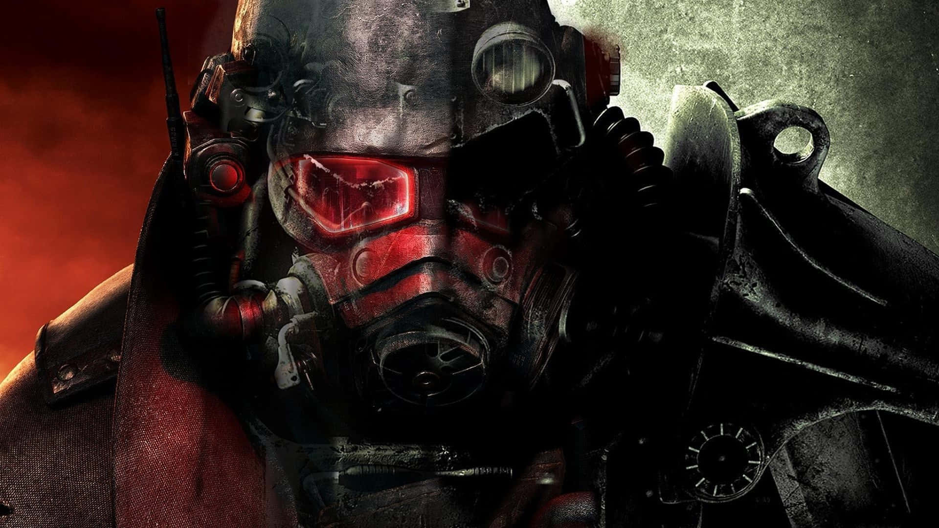 Fallout Nv 桌布 壁紙 — 一個重裝甲廢土倖存者的特寫，帶有發光的紅色護目鏡，背景是火橙色和灰色。