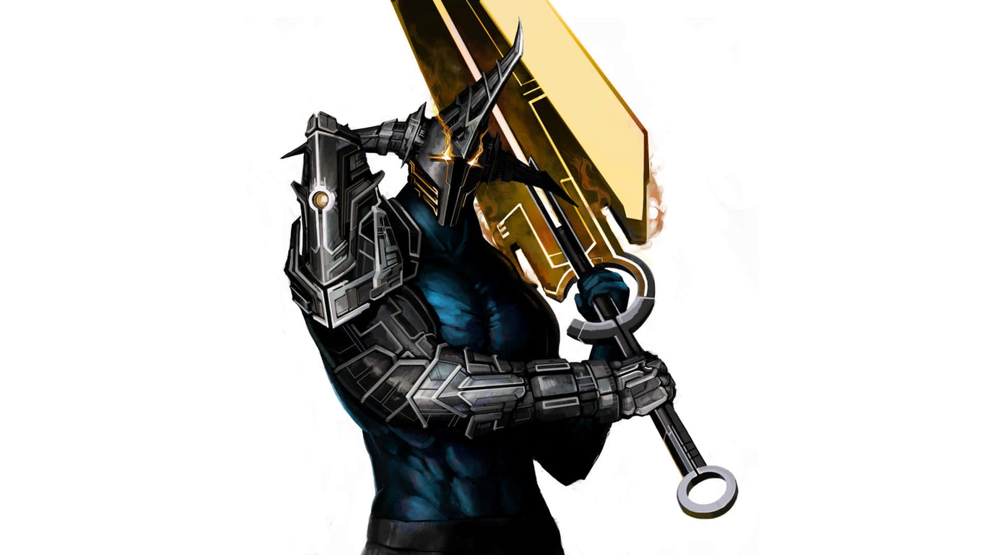 Dota 2 Sven 桌布 壁紙 — 一個重裝甲戰士，雙眼發光，手持一把巨大的金色劍，背景是純白色。