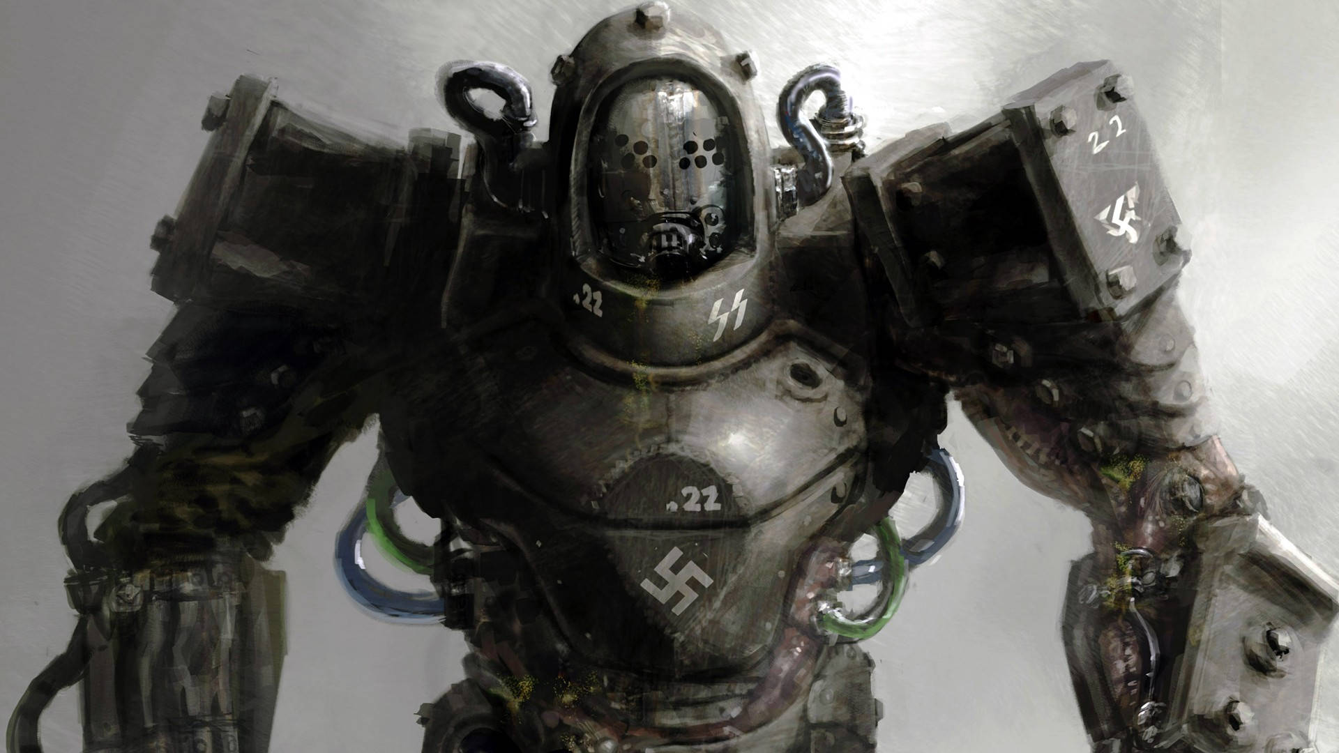 Wolfenstein 桌布 壁紙 — 一個重裝甲的機械士兵，帶有卍字符號和暴露的電線，站在柔和的灰色背景前。