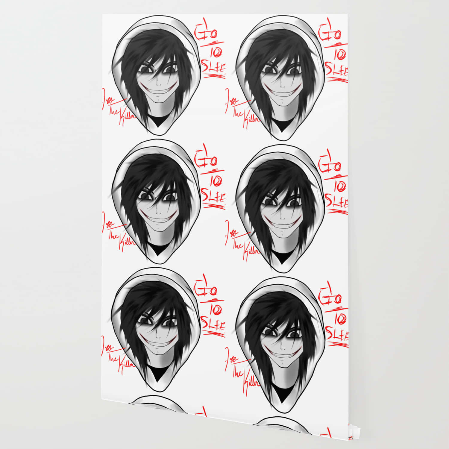 Jeff The Killer 桌布 壁紙 — 一個重複圖案，包含一個黑白動漫角色，戴著連帽微笑，並有紅色塗鴉文字在白色背景上。