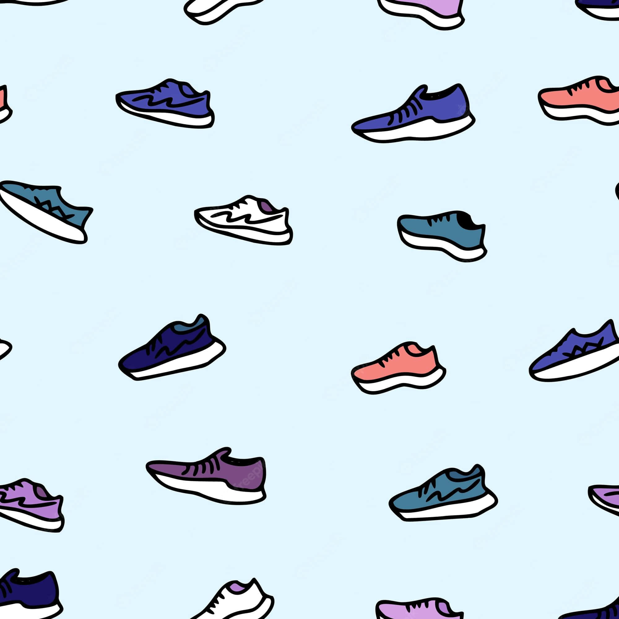 Sneaker 桌布 壁紙 — 一個重複圖案，彩色卡通運動鞋散落在淺藍色背景上。