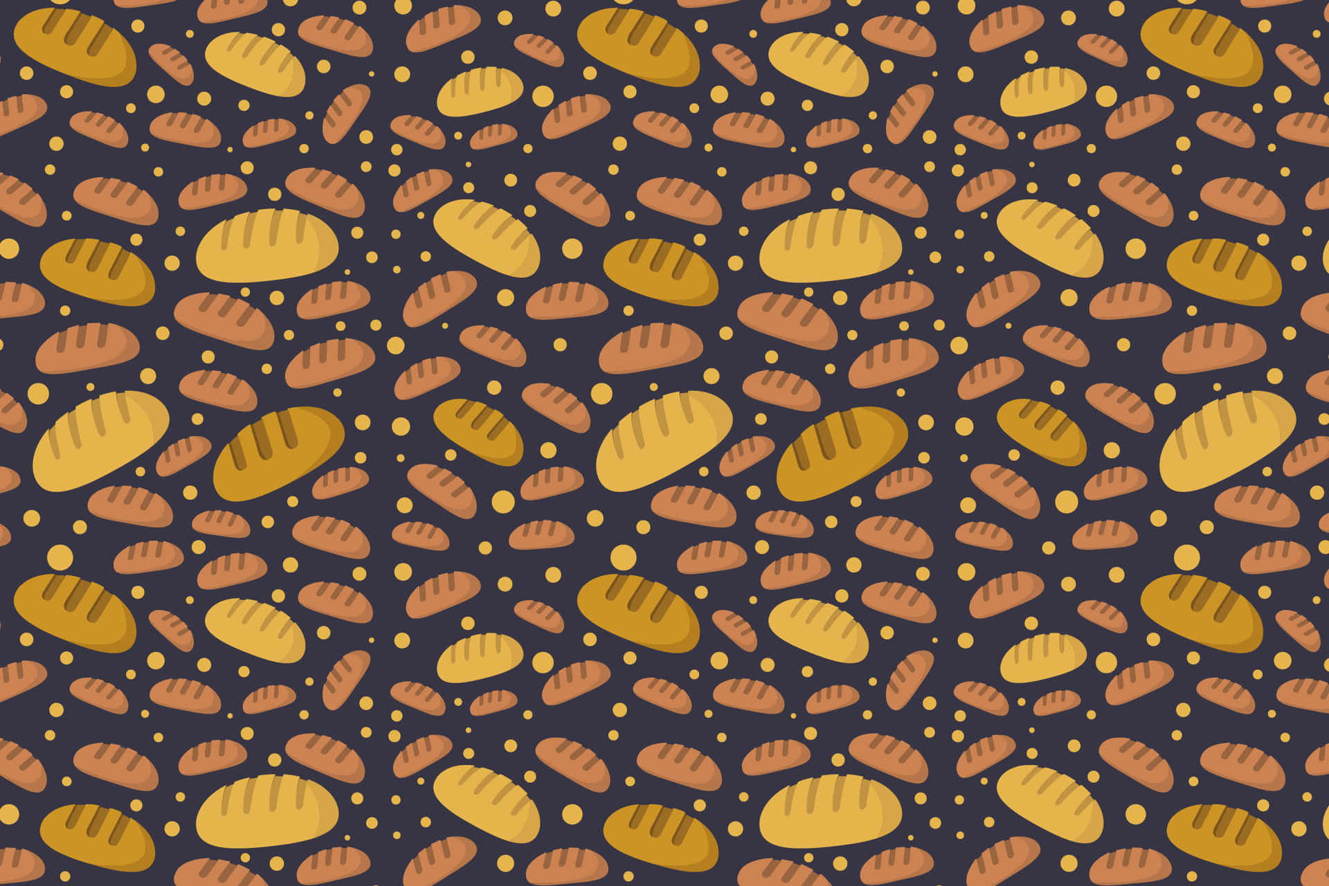 Bread Pattern 壁紙 — 一個重複圖案，由帶有對角切口的金色和棕色麵包組成，背景為深海軍藍色，點綴著小黃色圓圈。
