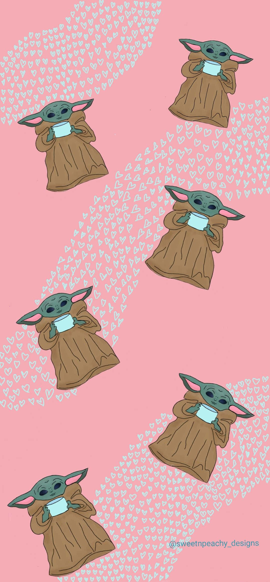 Baby Yoda Aesthetic 桌布 壁紙 — 一個重複圖案，顯示 Baby Yoda 拿著杯子，背景為粉紅色，帶有白色心形軌跡。
