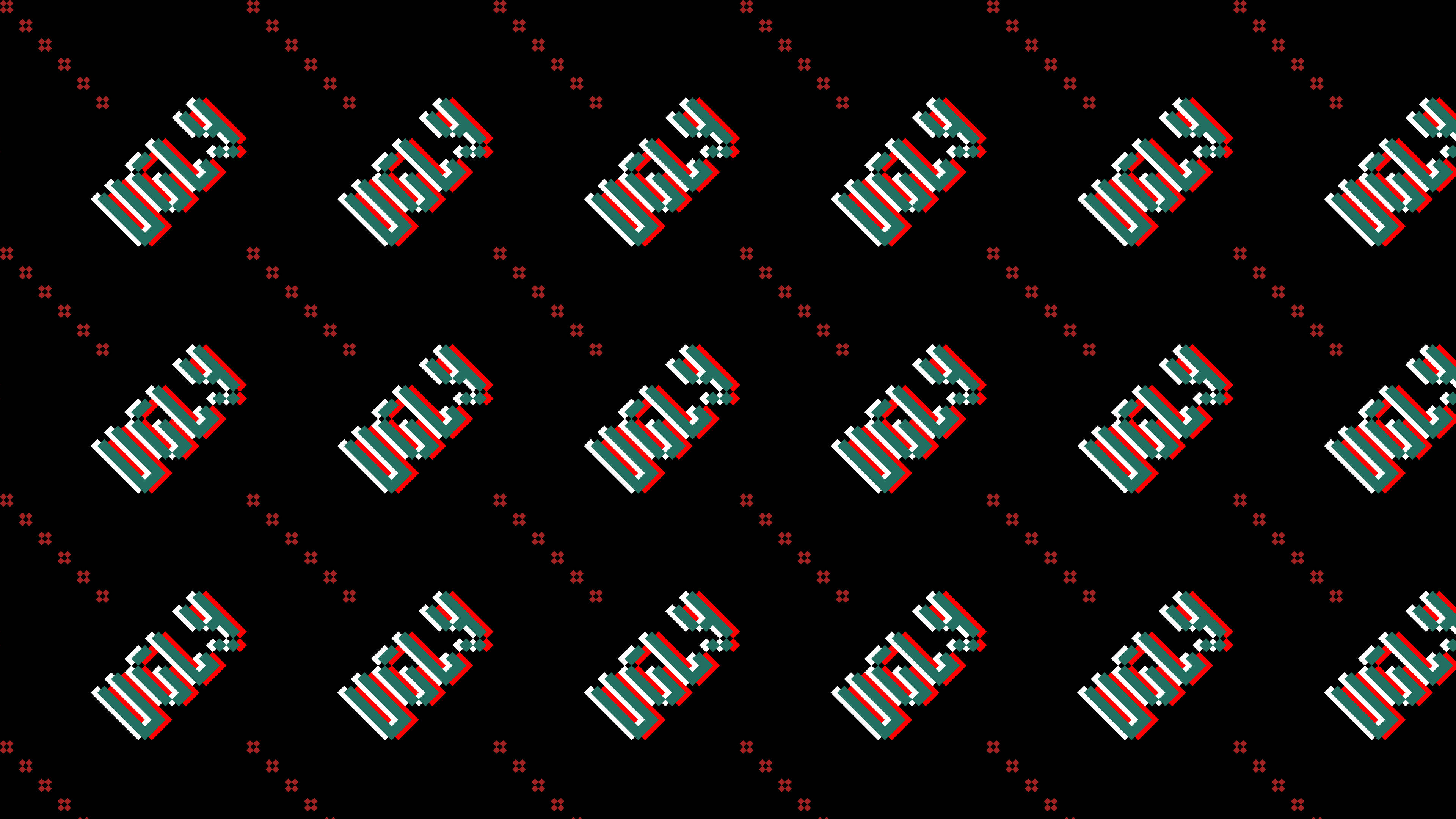Typography 桌布 壁紙 — 一個重複的像素藝術圖案，以黑色背景上的紅色、白色和青色風格化火箭為特色。