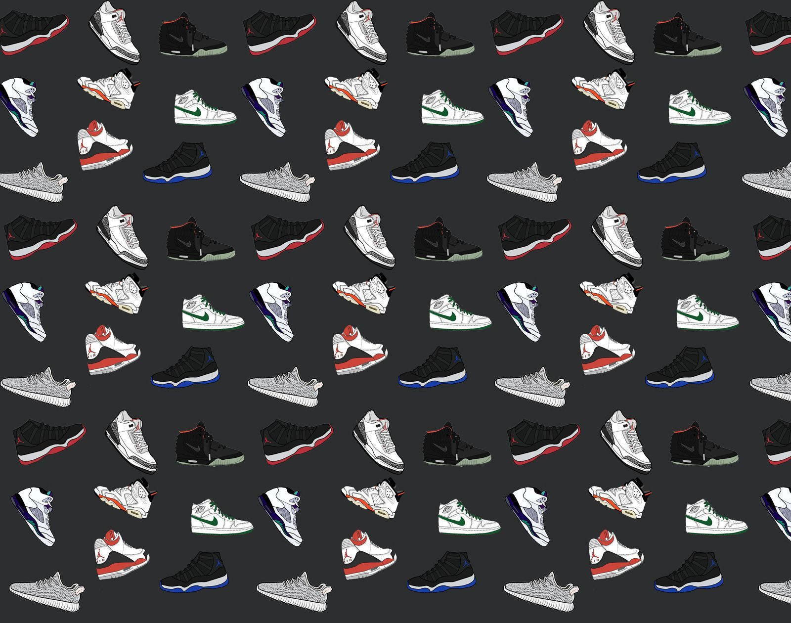 Sneaker 桌布 壁紙 — 一個重複的圖案，包含標誌性的籃球鞋，顏色有黑色、白色、紅色和藍色，背景為深灰色。