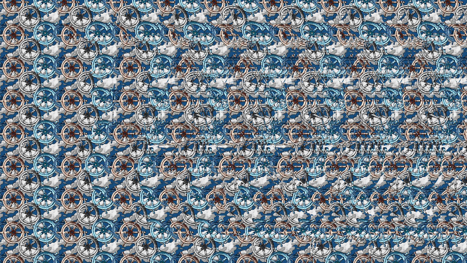 Magic Eye 桌布 壁紙 — 一個重複的圖案，包含自行車車輪和輻條，背景是藍天白雲。