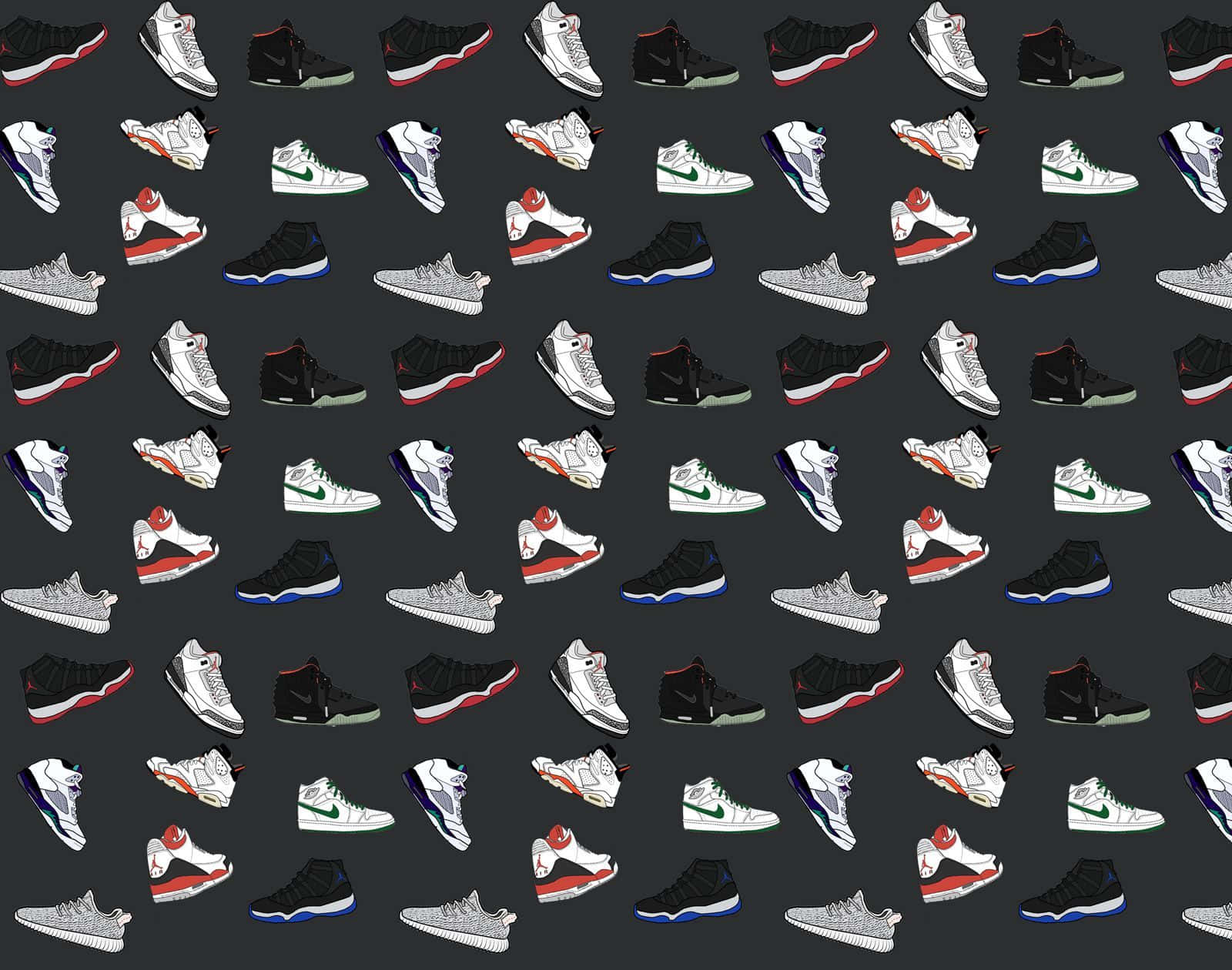 Sneaker 桌布 壁紙 — 一個重複的圖案，包含黑、白、紅、藍色的經典籃球鞋，背景為深灰色。