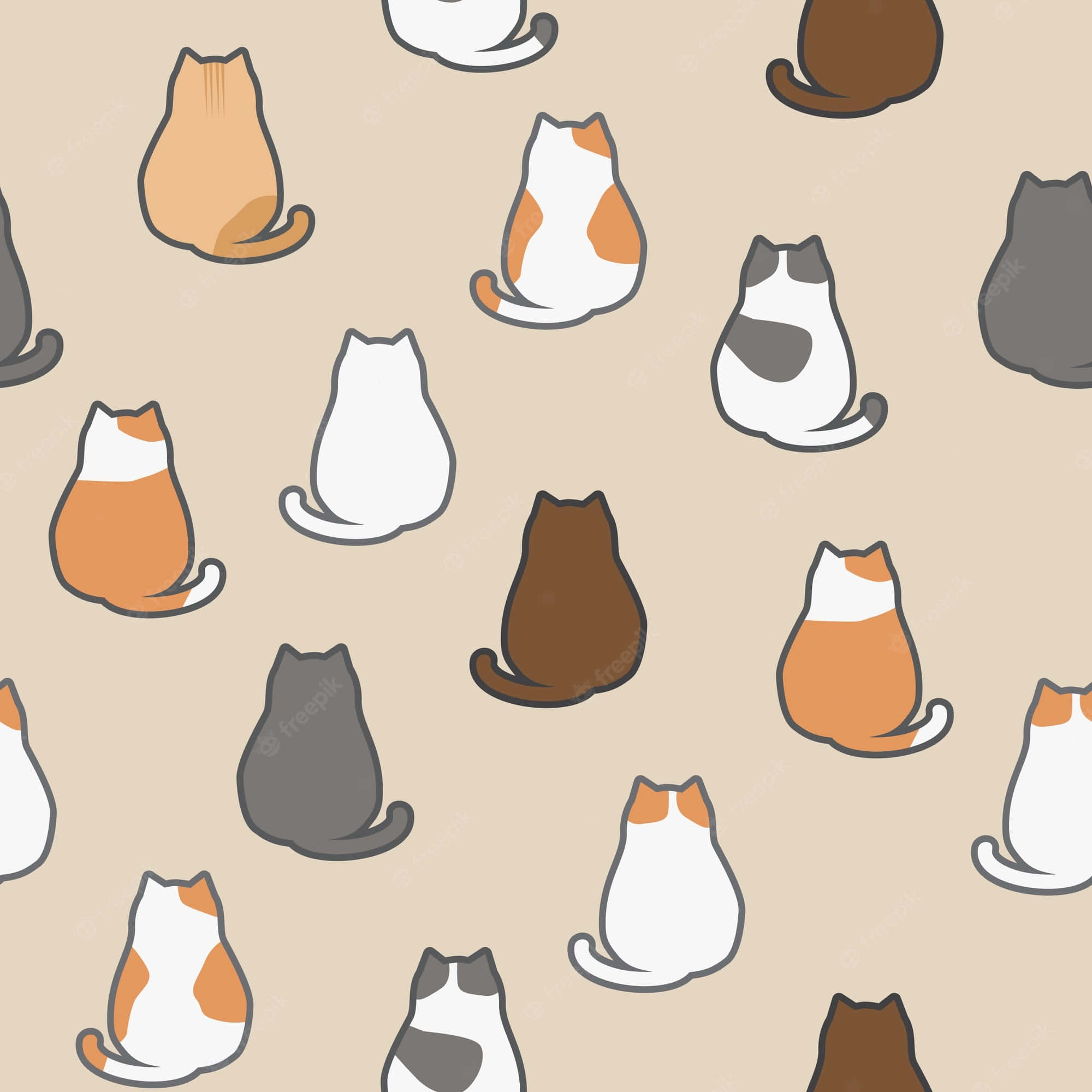 Cats 桌布 壁紙 — 一個重複的圖案，各種顏色的卡通貓咪直立坐在米色背景上。