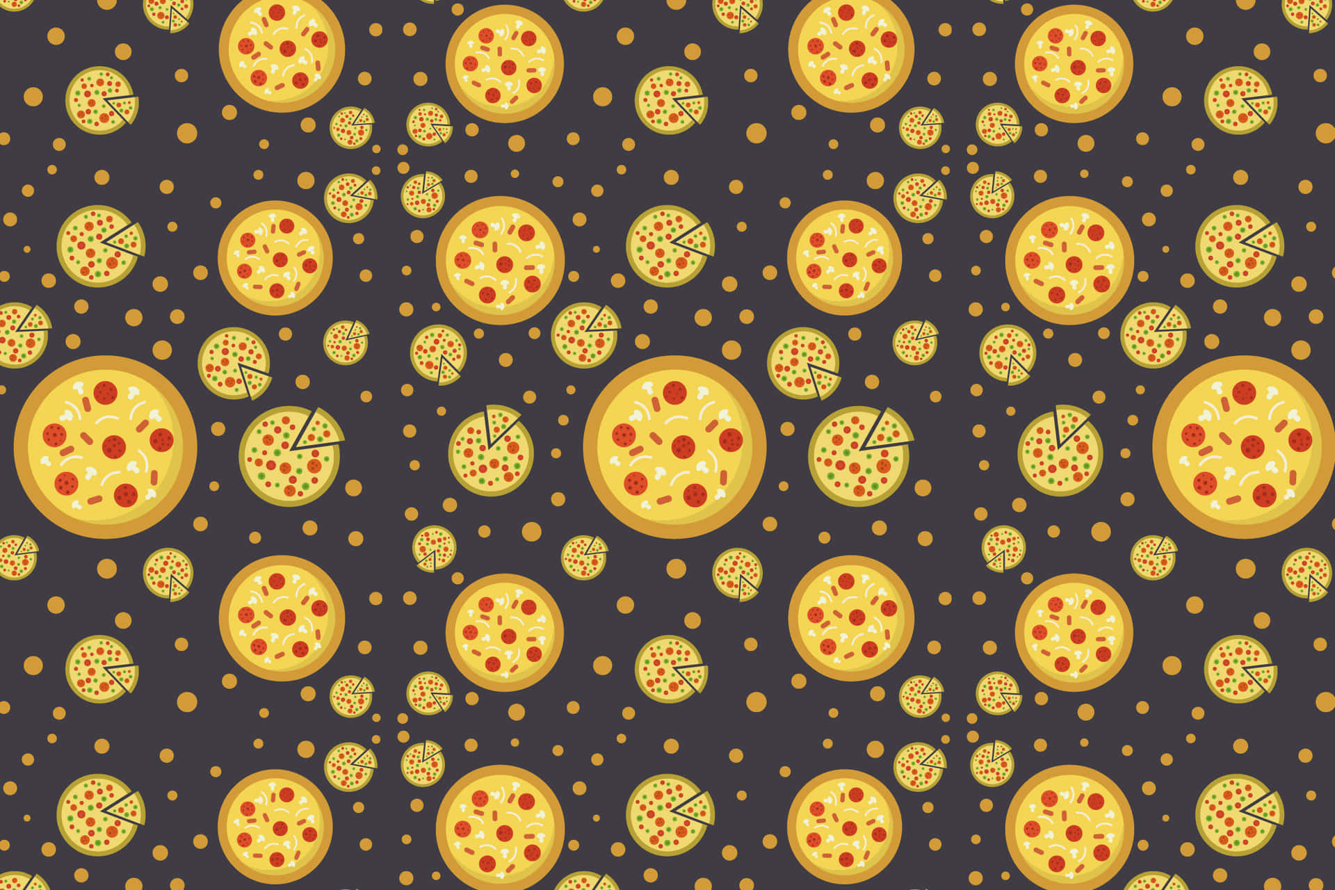 Pizza Pattern 壁紙 — 一個重複的圖案，在深灰色背景上帶有金色圓點，顯示卡通風格的義大利辣香腸披薩和披薩片。