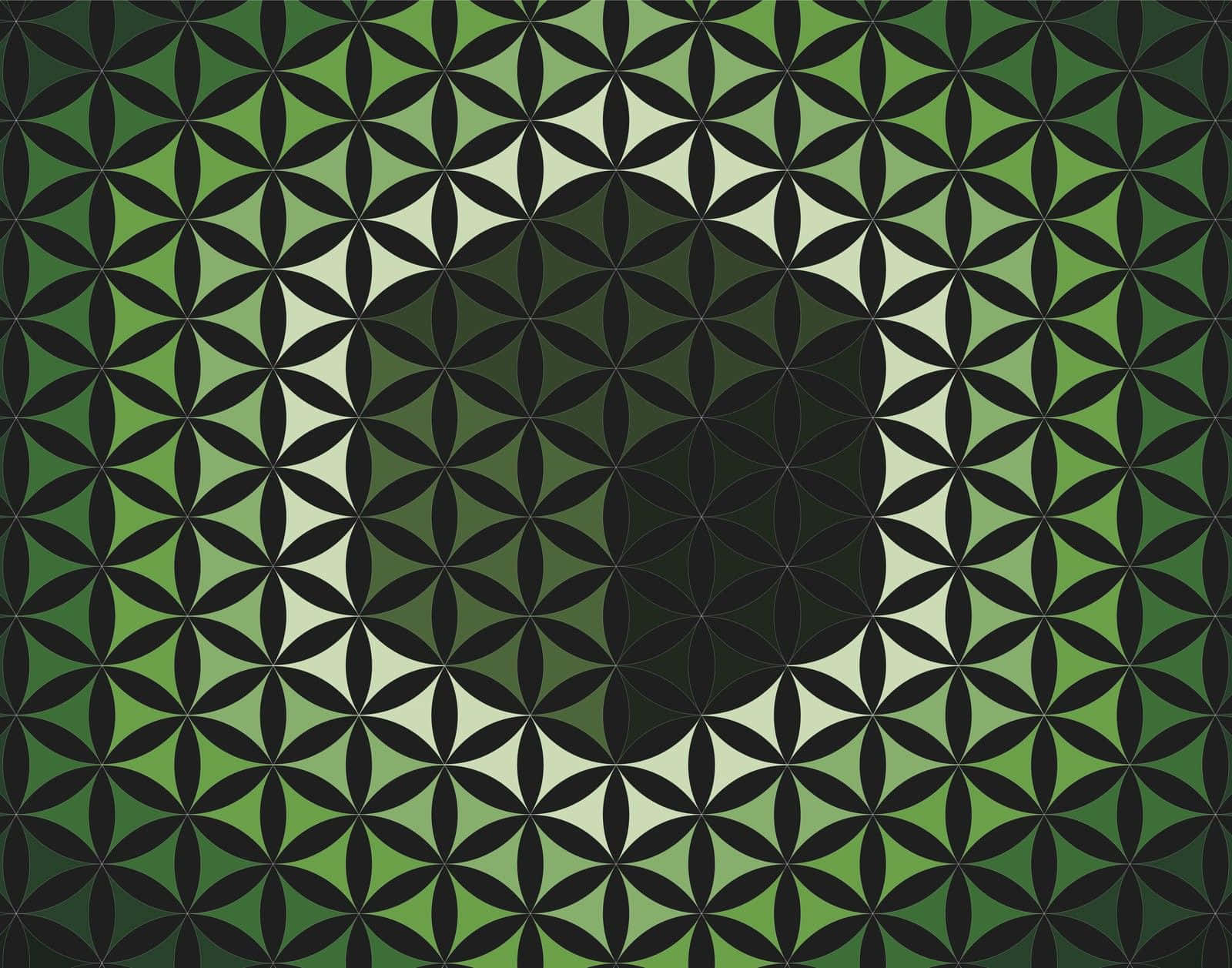 Sacred Geometry 桌布 壁紙 — 一個重複的幾何圖案，由綠色和黑色的花朵狀形狀交錯組成，帶有漸變背景。