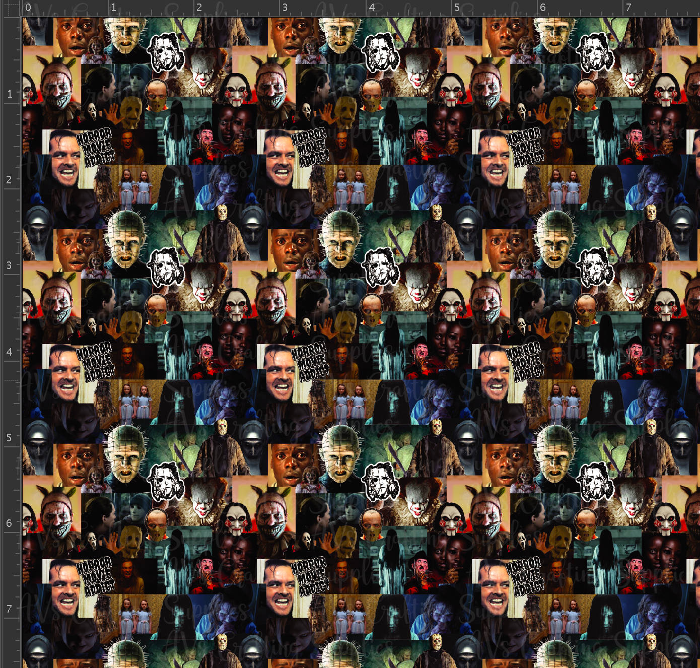 Horror Movie Collage 桌布 壁紙 — 一個重複的拼貼畫，包含像 Freddy Krueger 和 Jason Voorhees 這樣的標誌性恐怖電影角色，以網格圖案排列。