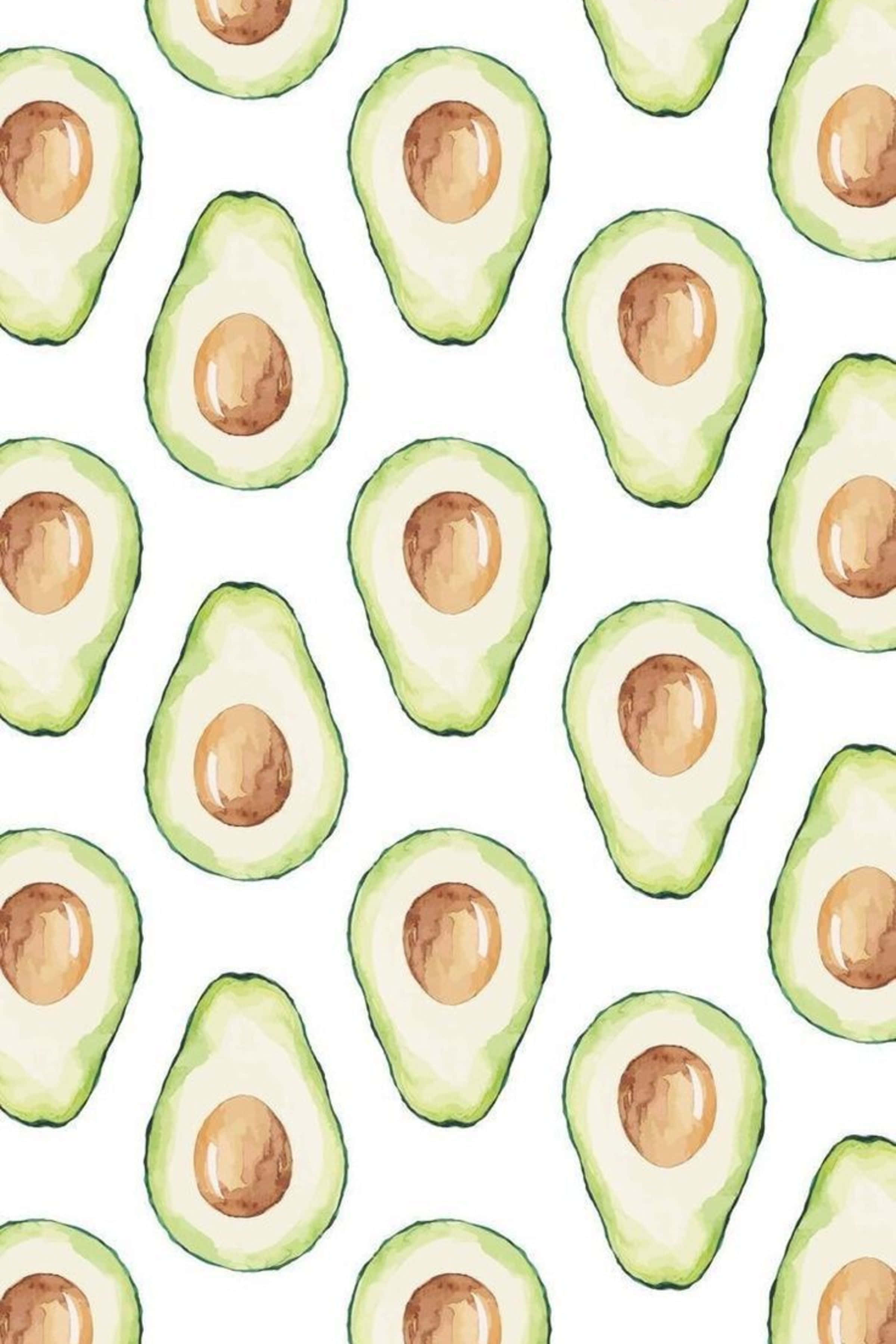 Avocado iPhone 桌布 壁紙 — 一個重複的水彩圖案，切片酪梨帶綠色外皮和棕色果核，在白色背景上。