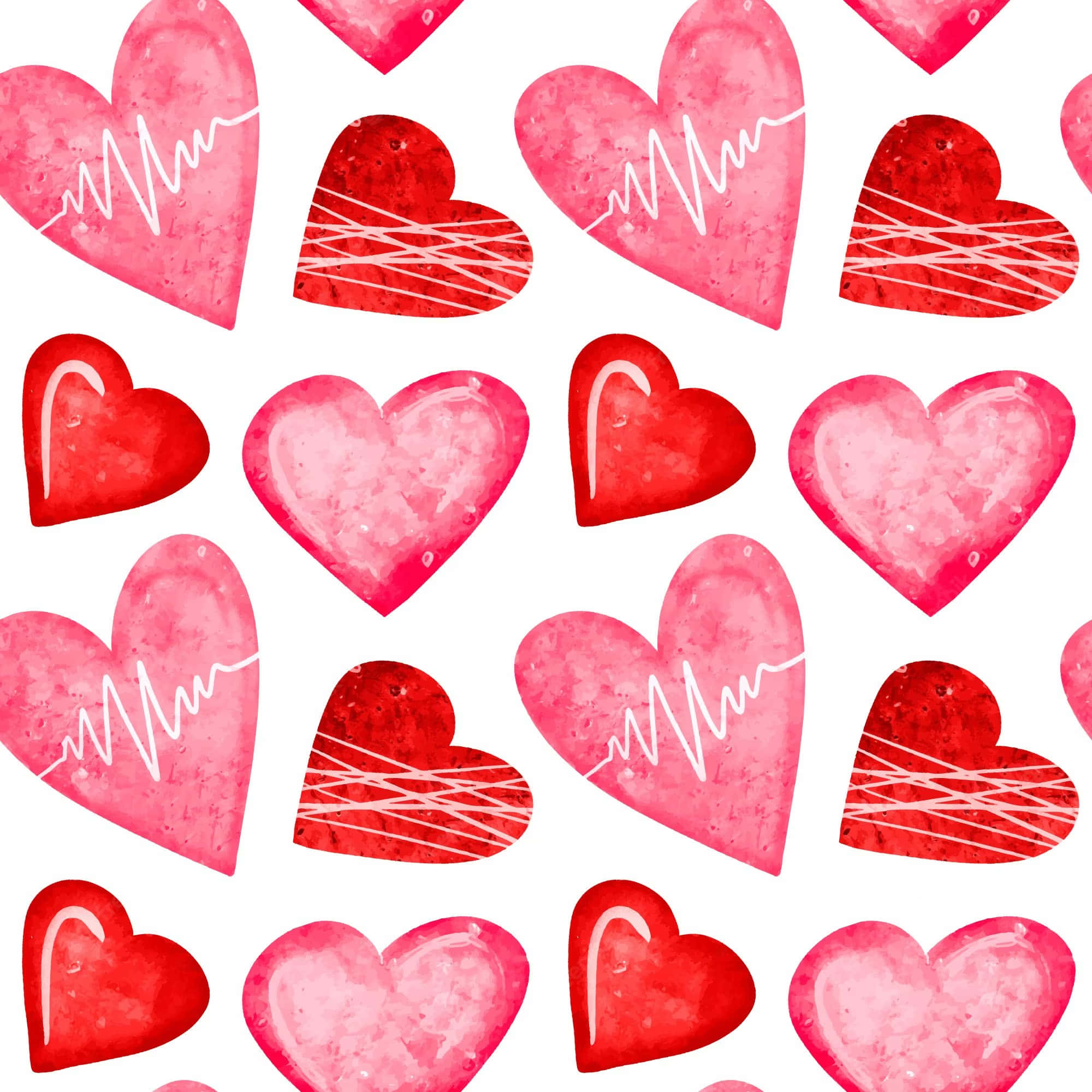 Cute Hearts 桌布 壁紙 — 一個重複的水彩圖案，包含粉紅色和紅色的心形、心跳線和繩結，背景為白色。