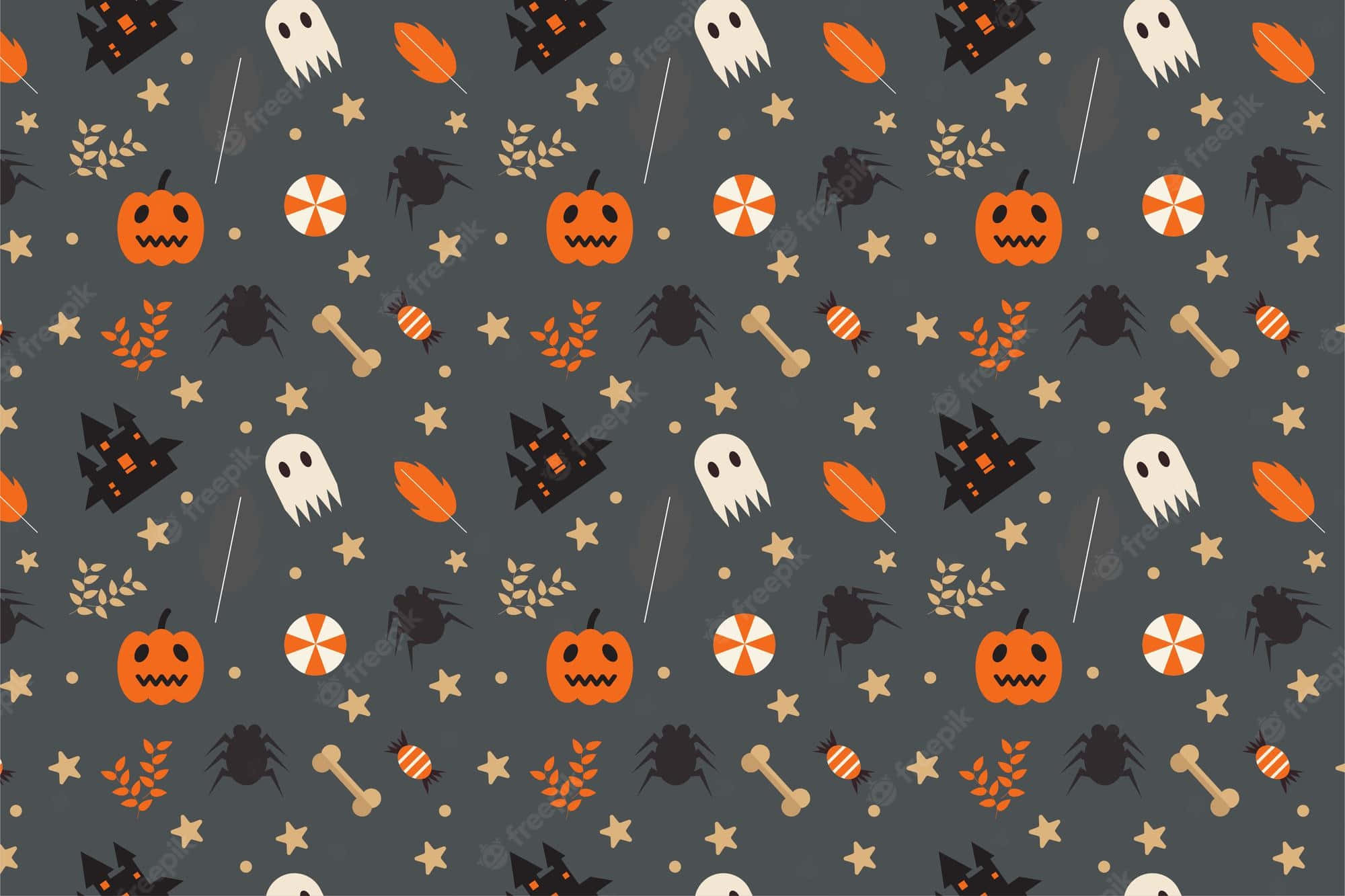 Halloween Macbook 桌布 壁紙 — 一個重複的萬聖節圖案，包含南瓜、鬼魂、蜘蛛和糖果，背景為深灰色。