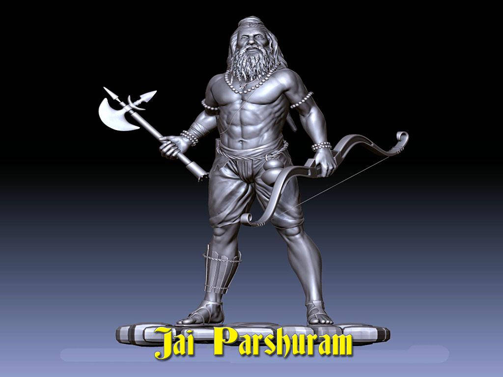 Parshuram 桌布 壁紙 — 一個金屬3D渲染的鬍鬚戰士雕像，手持斧頭和弓，站在底座上，下方有「Jai Parshuram」文字。