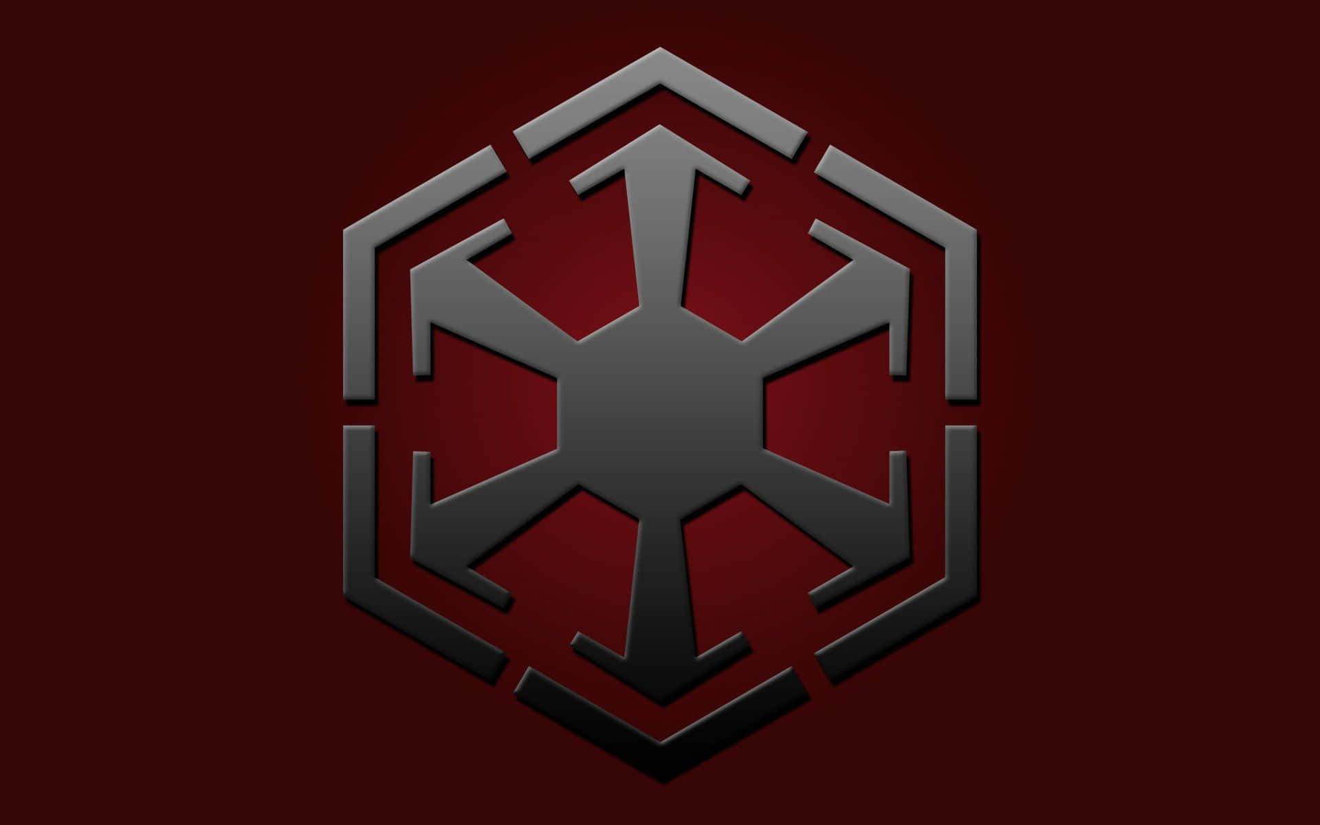 Galactic Empire 桌布 壁紙 — 一個金屬六角形徽章，帶有箭頭狀的臂，在深紅色漸變背景上發光。