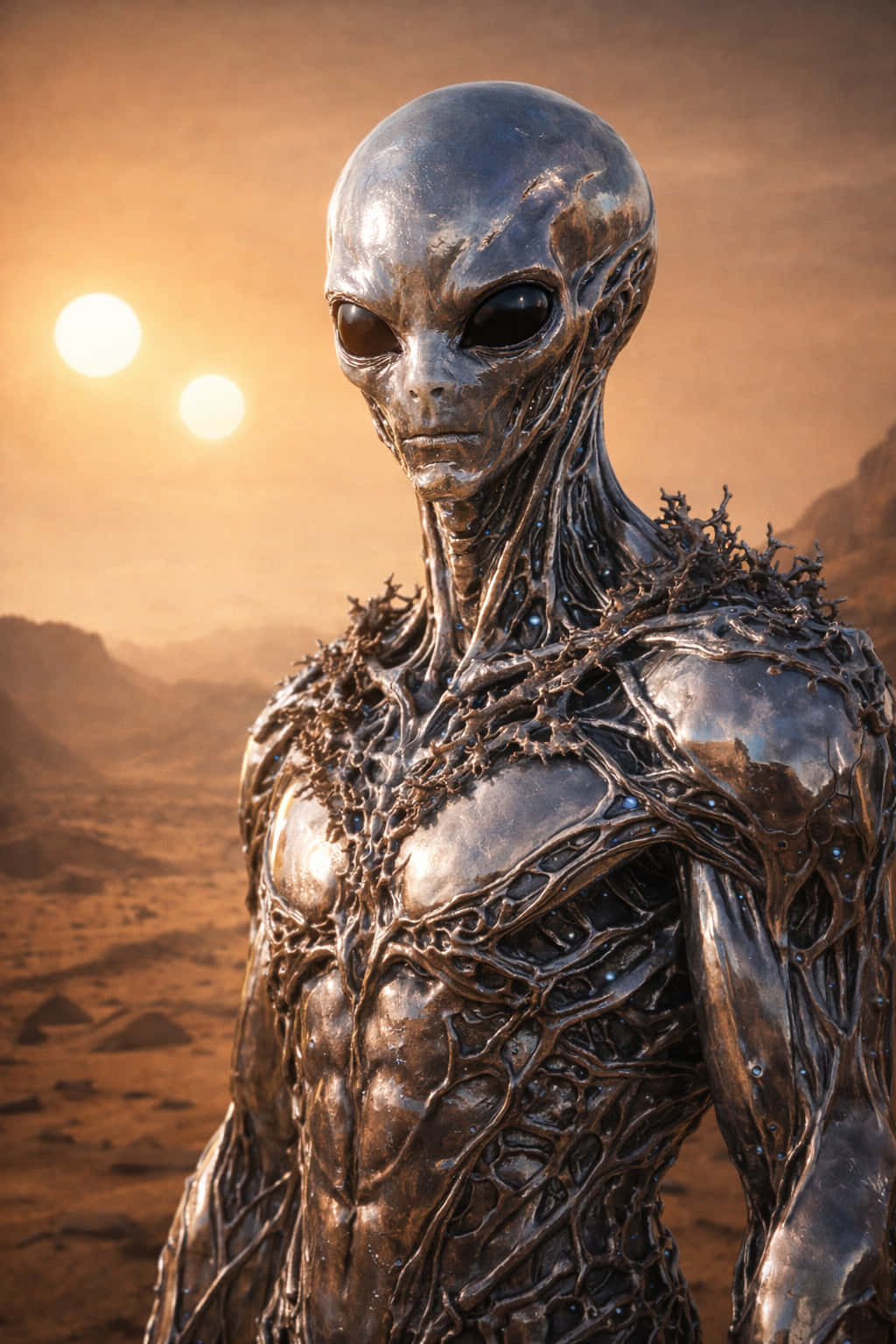 Alien Stage 桌布 壁紙 — 一個金屬外星人，有大黑眼睛和藤蔓狀紋理，站在沙漠中，頭頂兩個發光的太陽。