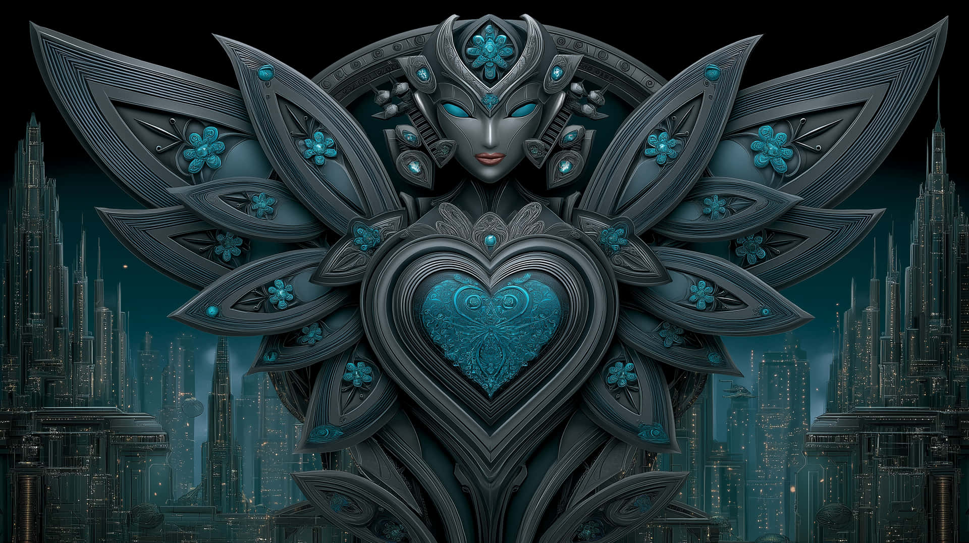 Futuristic Deity with Winged Heart in Cityscape 壁紙 — 一個金屬天使，擁有藍綠色寶石翅膀和心臟，站在發光的未來城市景觀前。