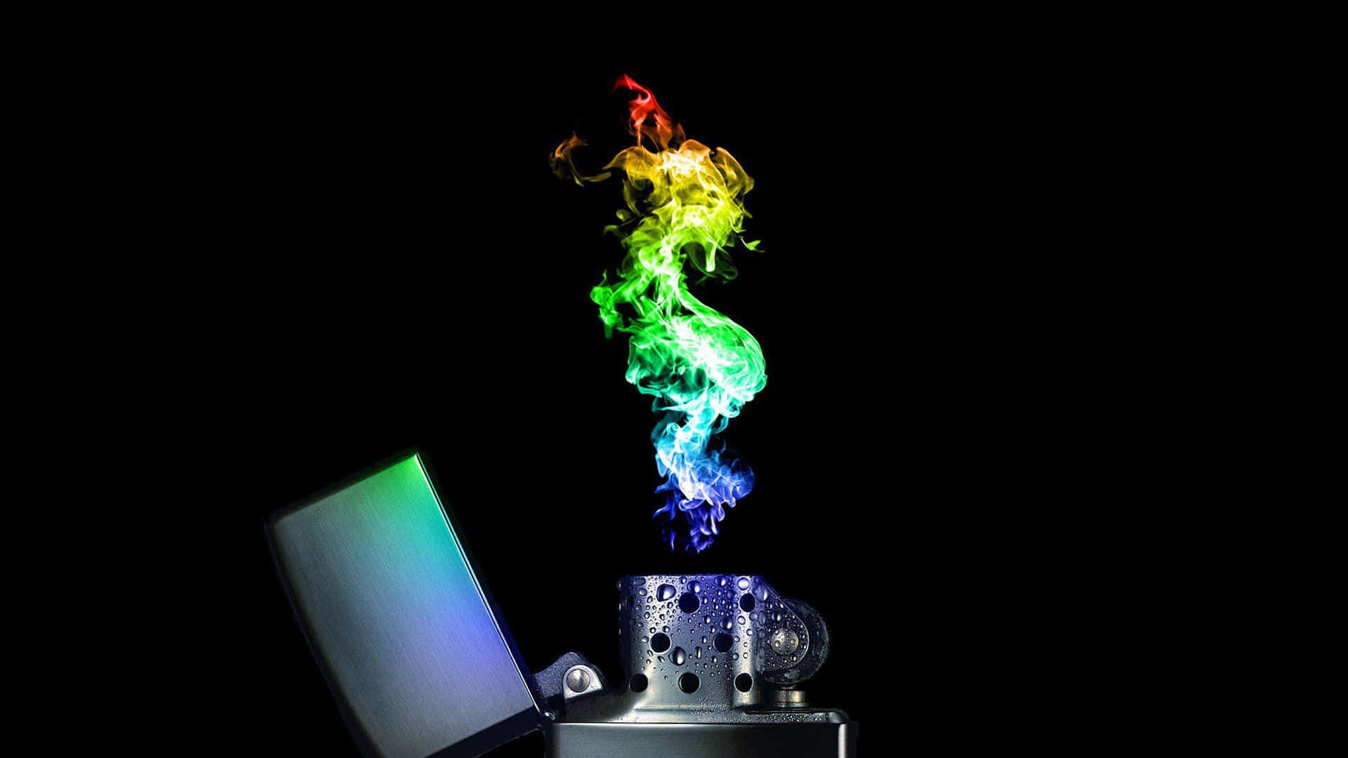 HD Oled 桌布 壁紙 — 一個金屬打火機在純黑背景下噴出鮮豔的彩虹色煙霧螺旋。