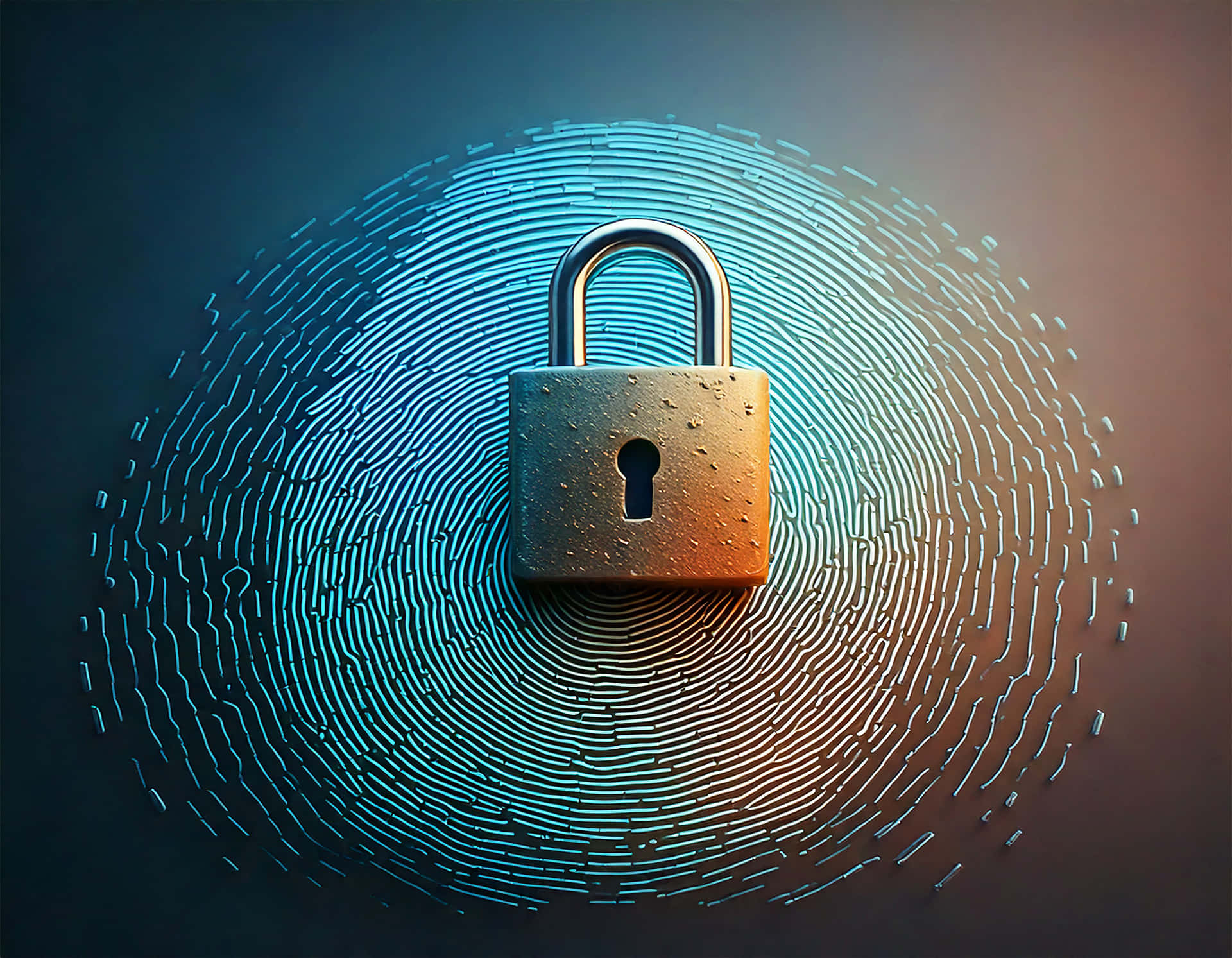 Padlock 壁紙 — 一個金屬掛鎖居中放置在發光藍色指紋圖案上，背景為漸層色。