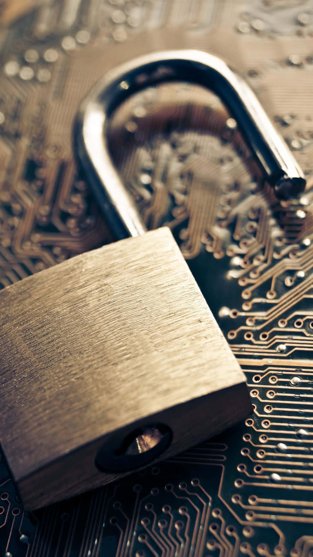 Cyber Security 桌布 壁紙 — 一個金屬掛鎖放在詳細的電路板上，突顯數位安全與科技。