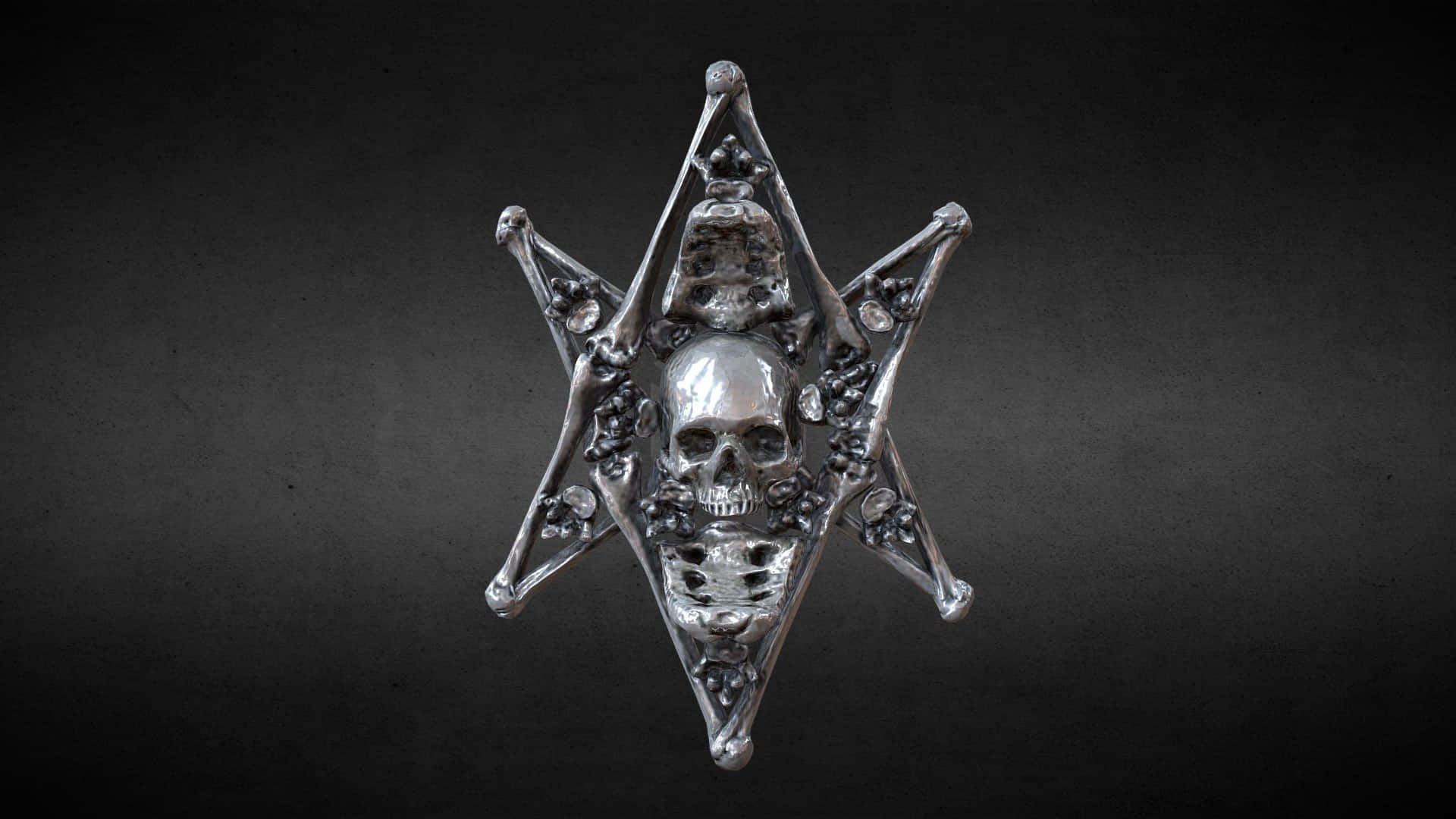 Thelema 桌布 壁紙 — 一個金屬星形吊墜，中央有一個頭骨，尖端有小頭骨，背景為深色漸變。